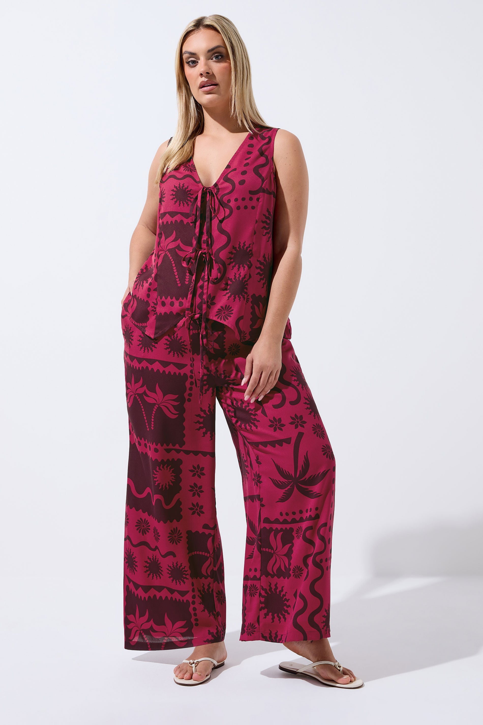 LIMITED COLLECTION Plus Size Berry Red Summer Print Waistcoat | Yours Clothing 1