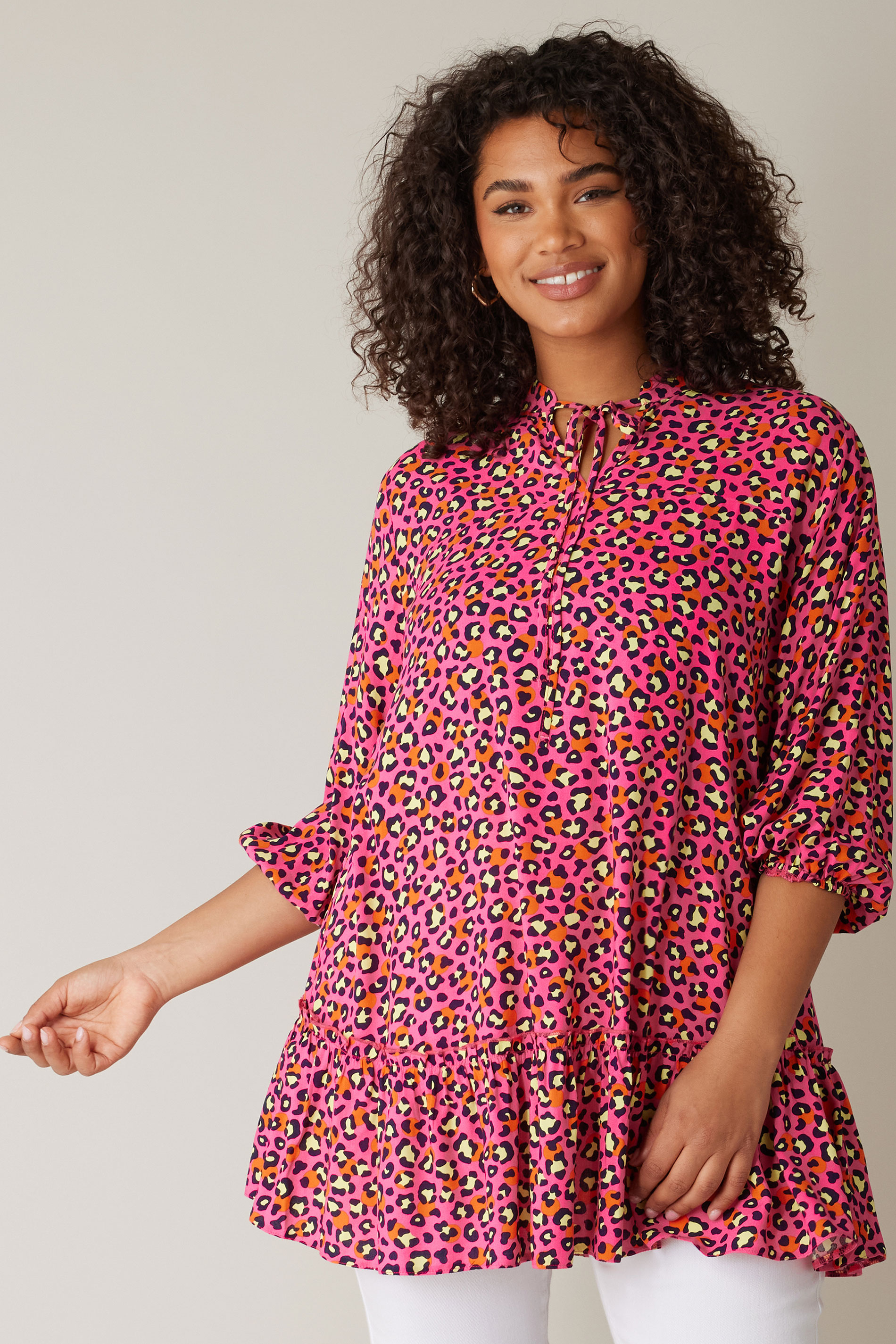 EVANS Plus Size Pink Leopard Print Tie Neck Blouse | Evans 3