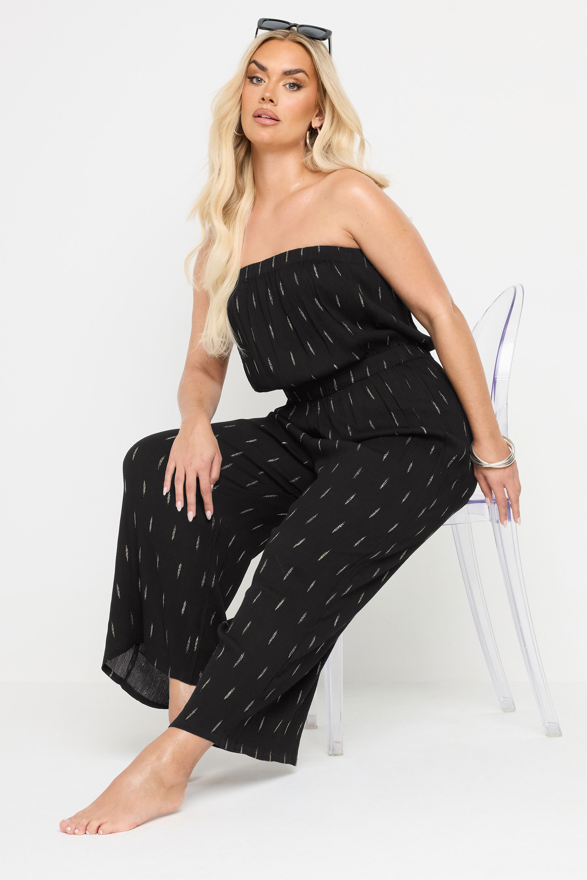 YOURS Plus Size Black Metallic Bandeau Wide Leg Jumpsuit | Yours Clothing 3