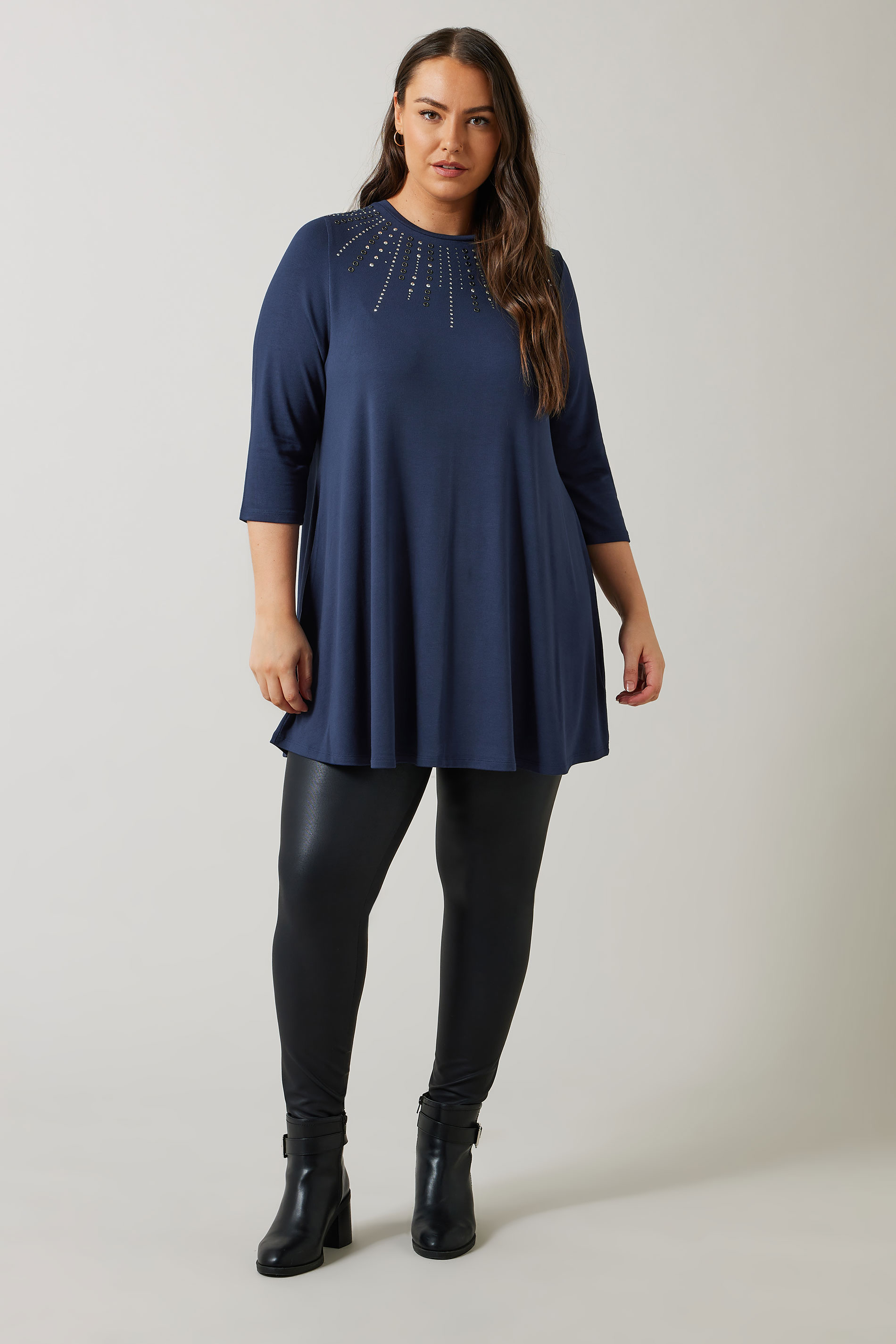 EVANS Plus Size Navy Blue Sequin Embellished Longline Top | Evans 2