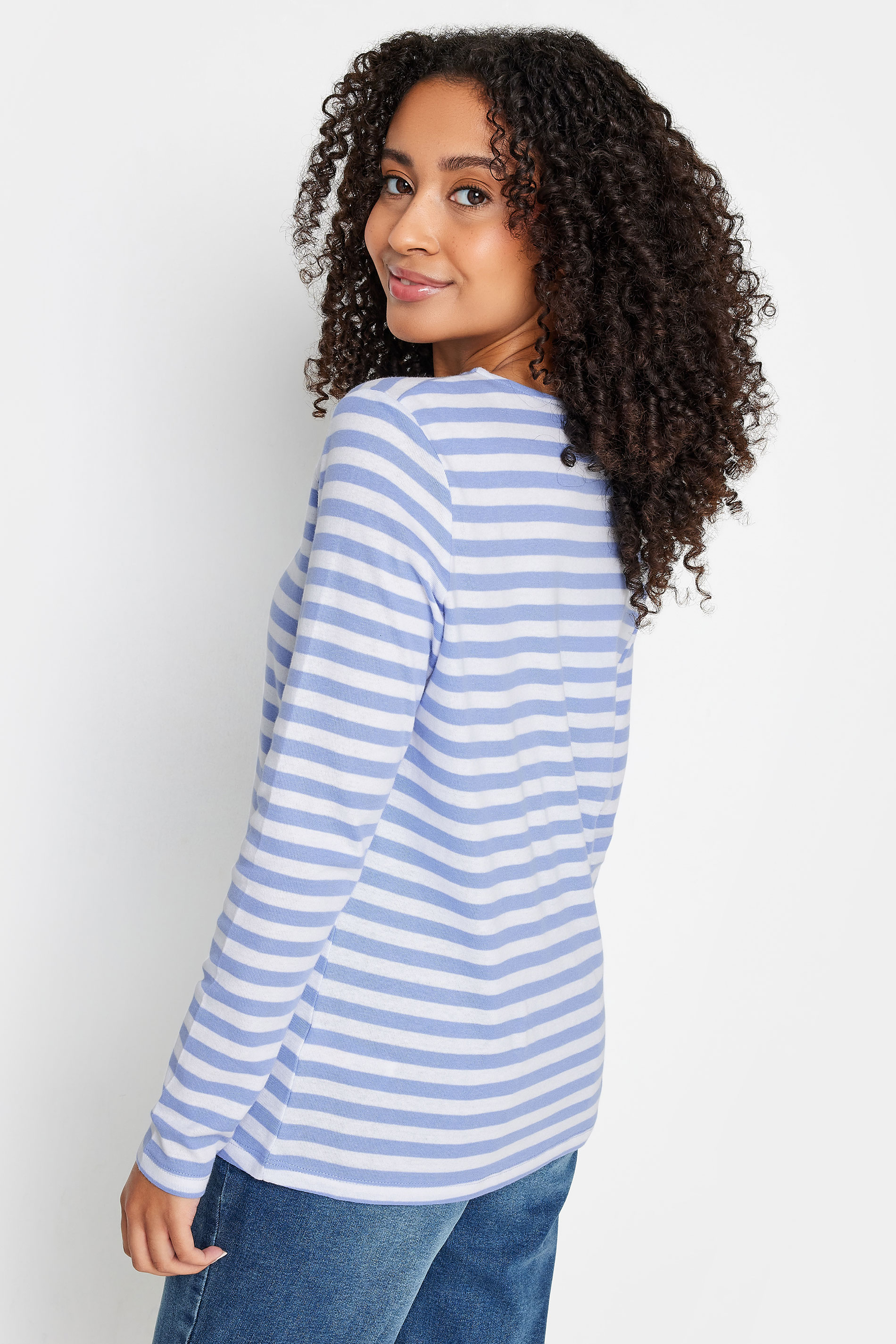 M&Co Petite Blue & White Striped Button Detail Cotton Top | M&Co 3