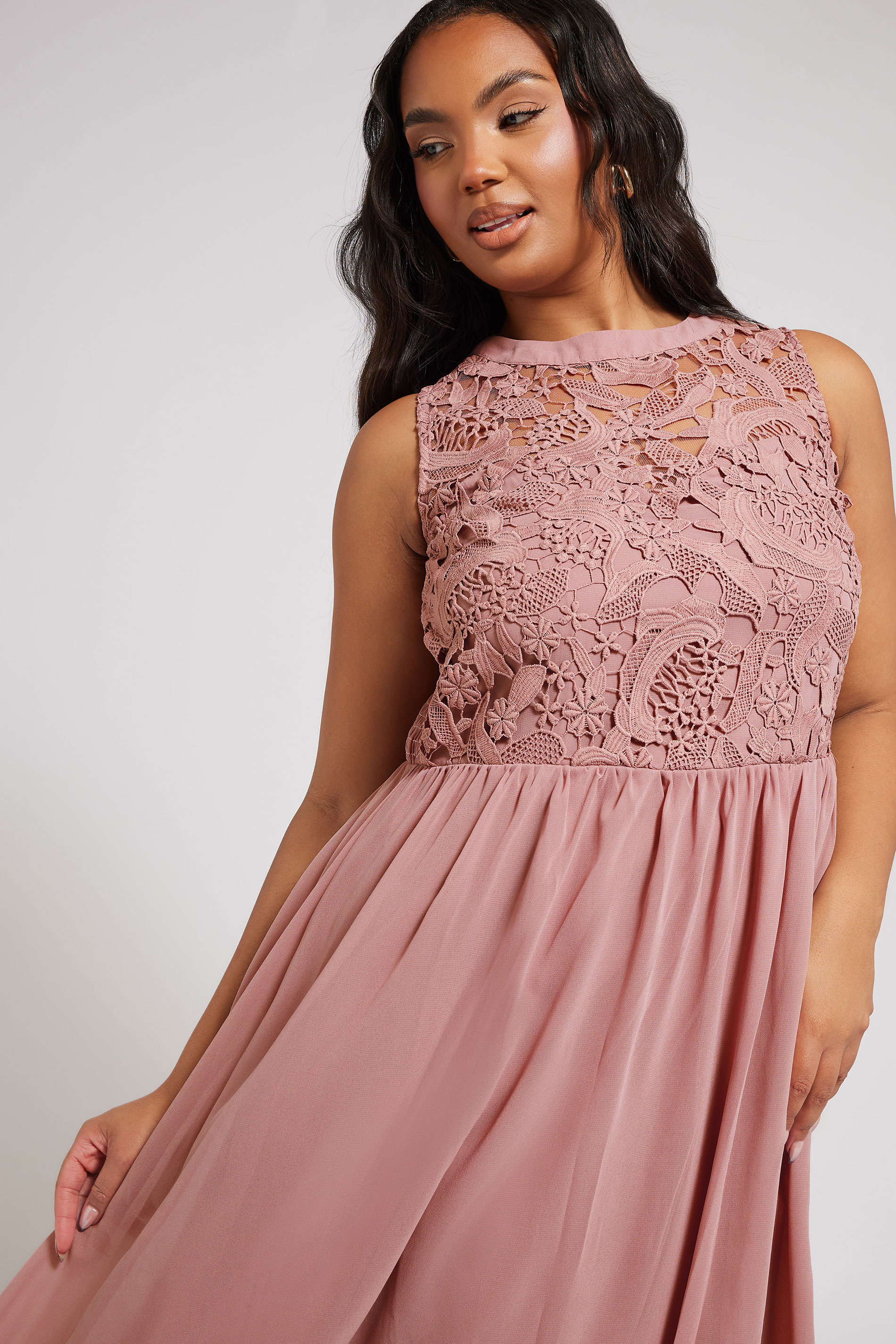 YOURS LONDON Plus Size Pink Lace Detail Chiffon Maxi Dress | Yours Clothing 4