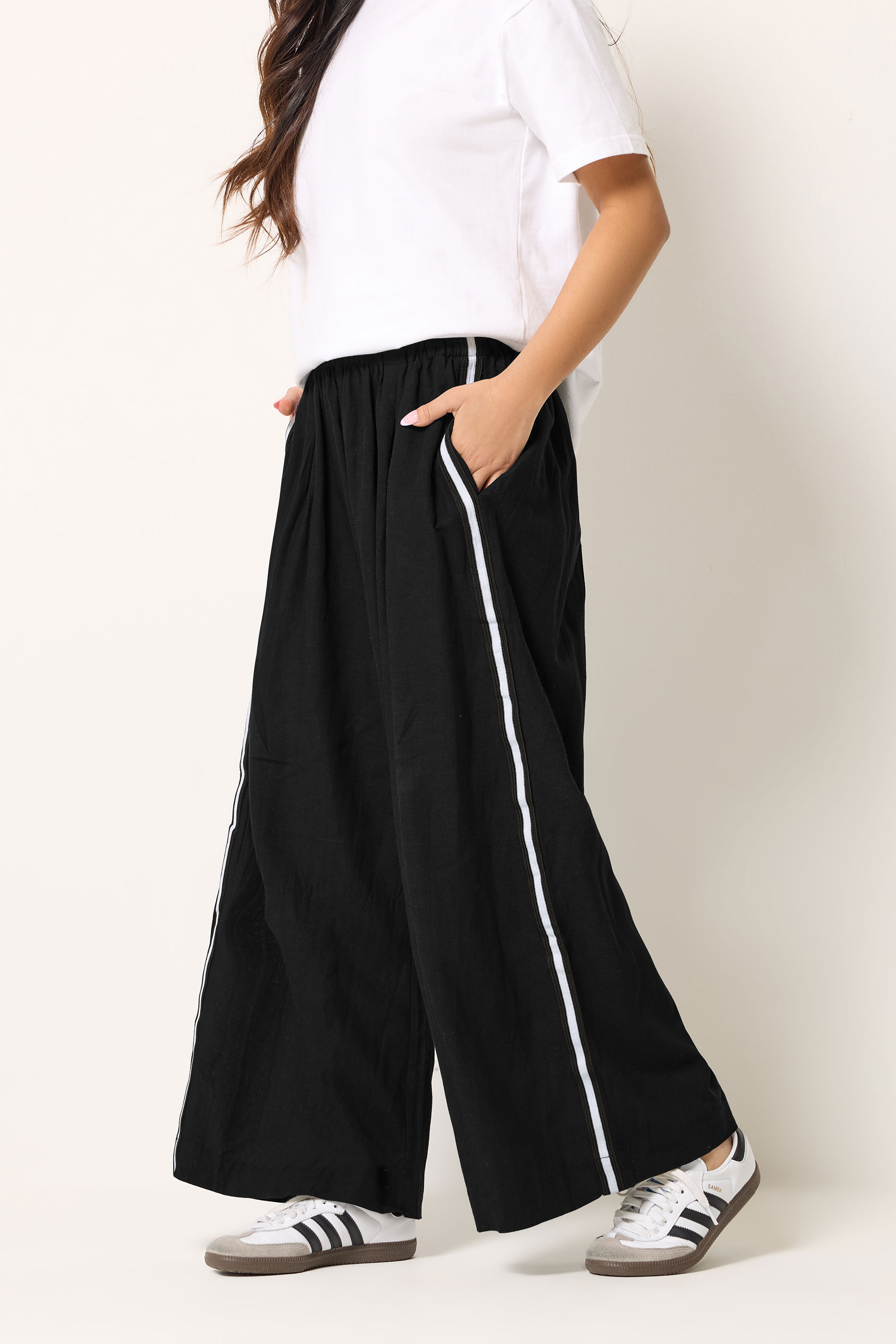 PxieGirl Petite Women's Black Side Stripe Linen Wide Leg Trousers | PixieGirl 1
