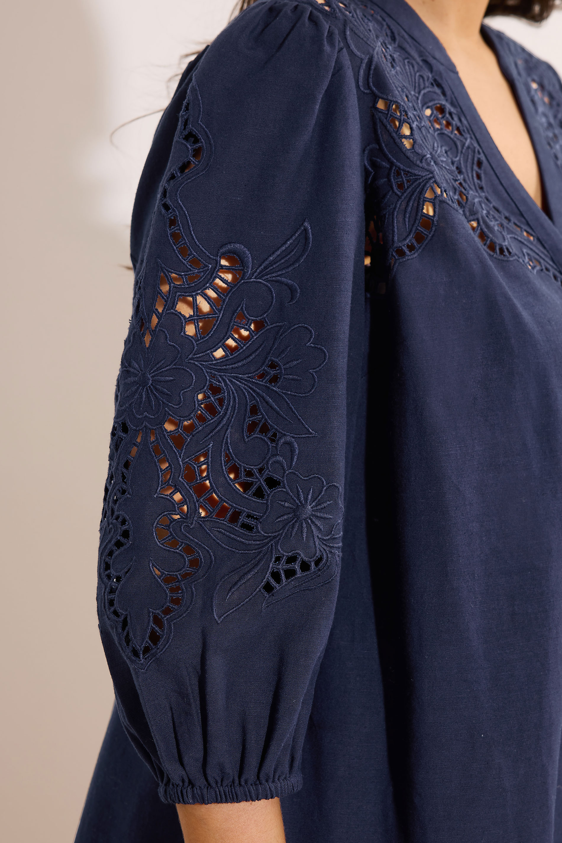 EVANS Plus Size Navy Blue Cutwork Linen Blouse | Evans 4