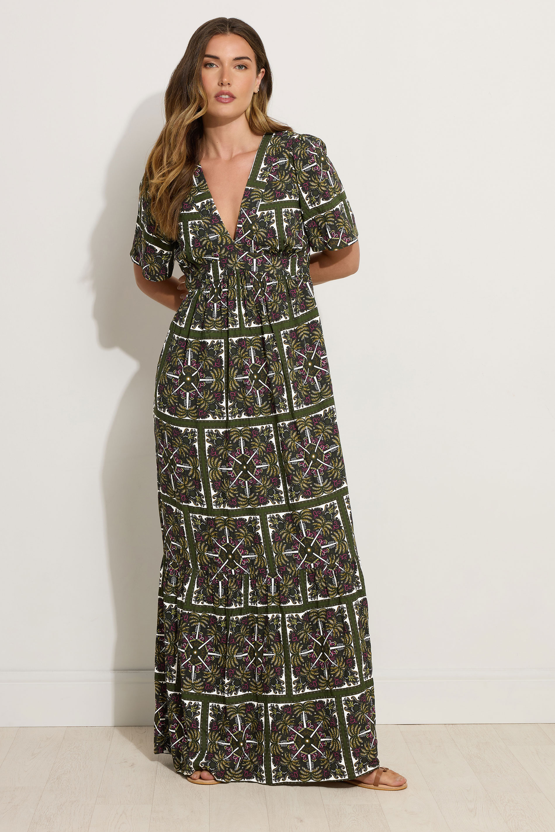 LTS Tall Green Tile Print V-Neckline Maxi Dress | Long Tall Sally 1