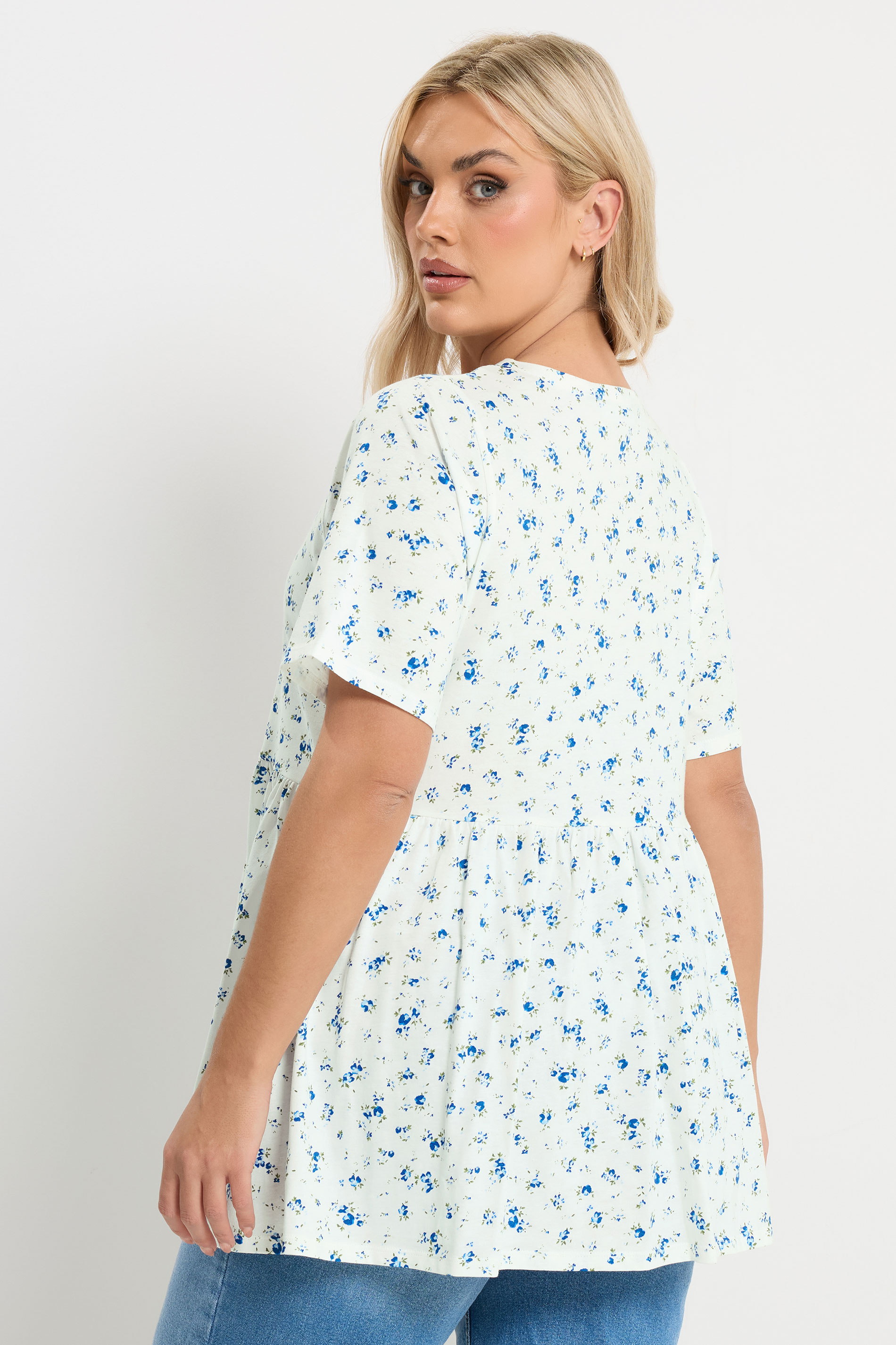 YOURS Plus Size Ivory White Ditsy Bow Tie Front Peplum Top | Yours Clothing 4