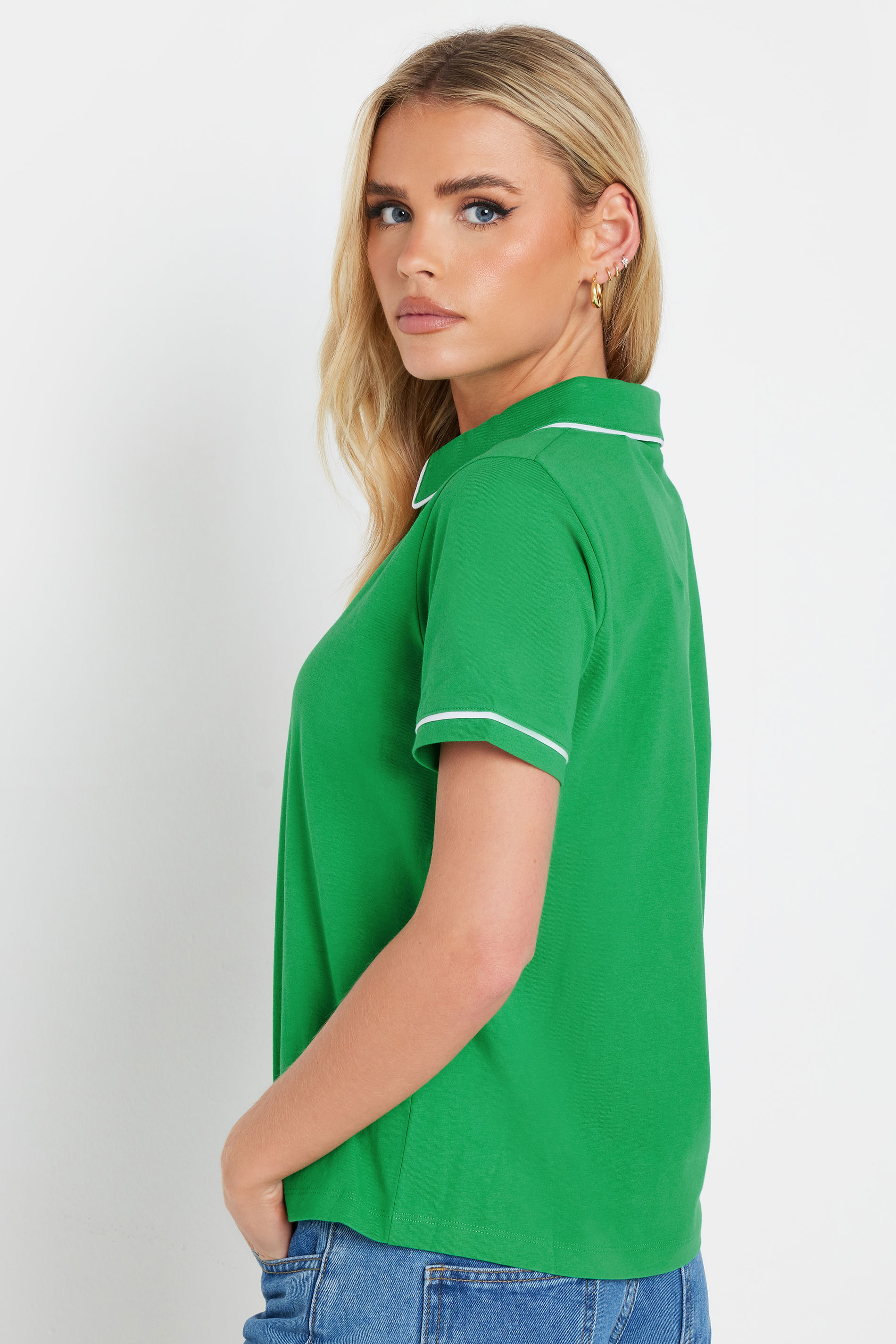 PixieGirl Petite Women's Green Contrast Trim Cotton Polo Shirt | PixieGirl 2
