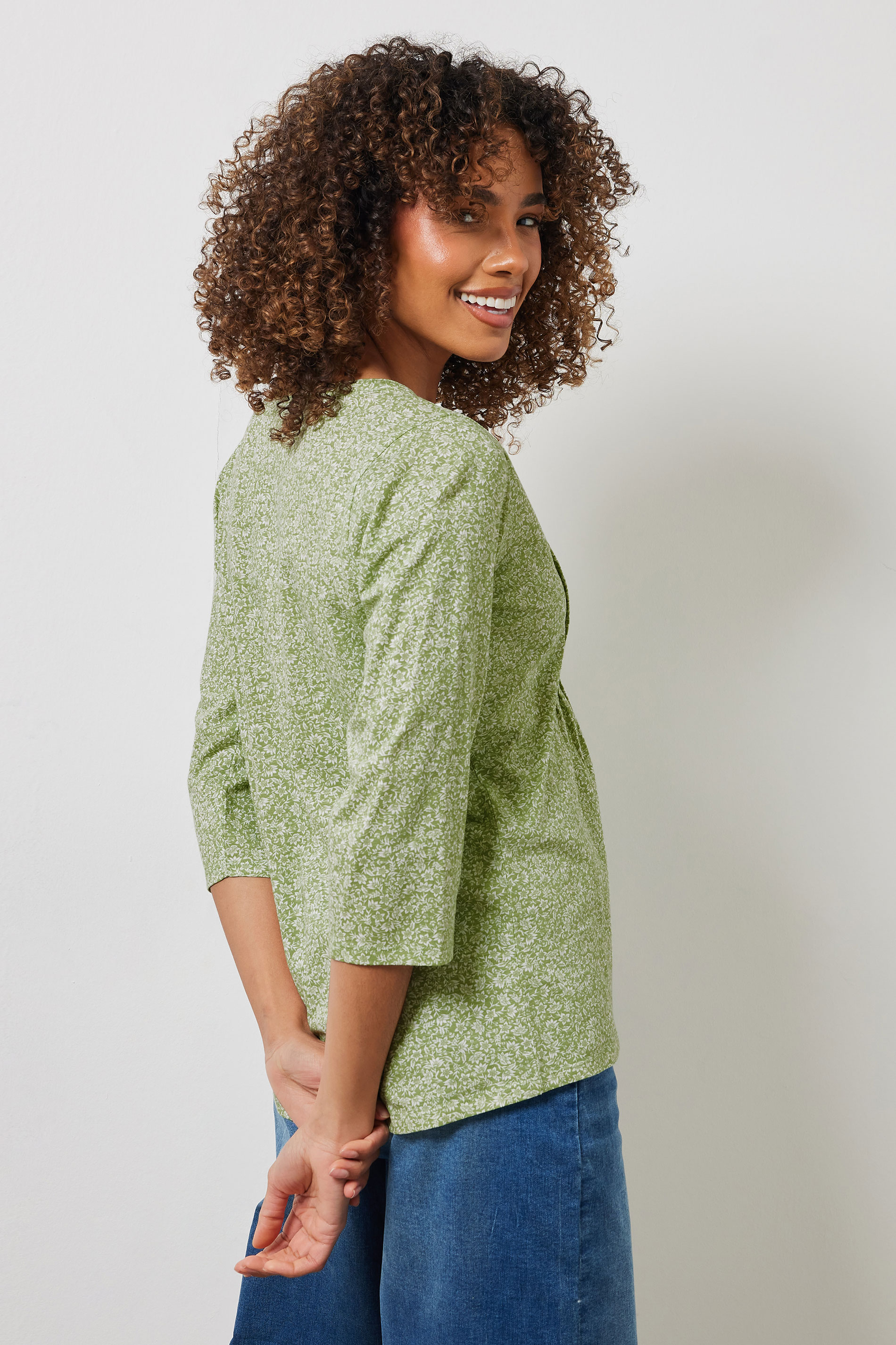 M&Co Green Floral Print Long Sleeve Cotton Henley Top | M&Co 4