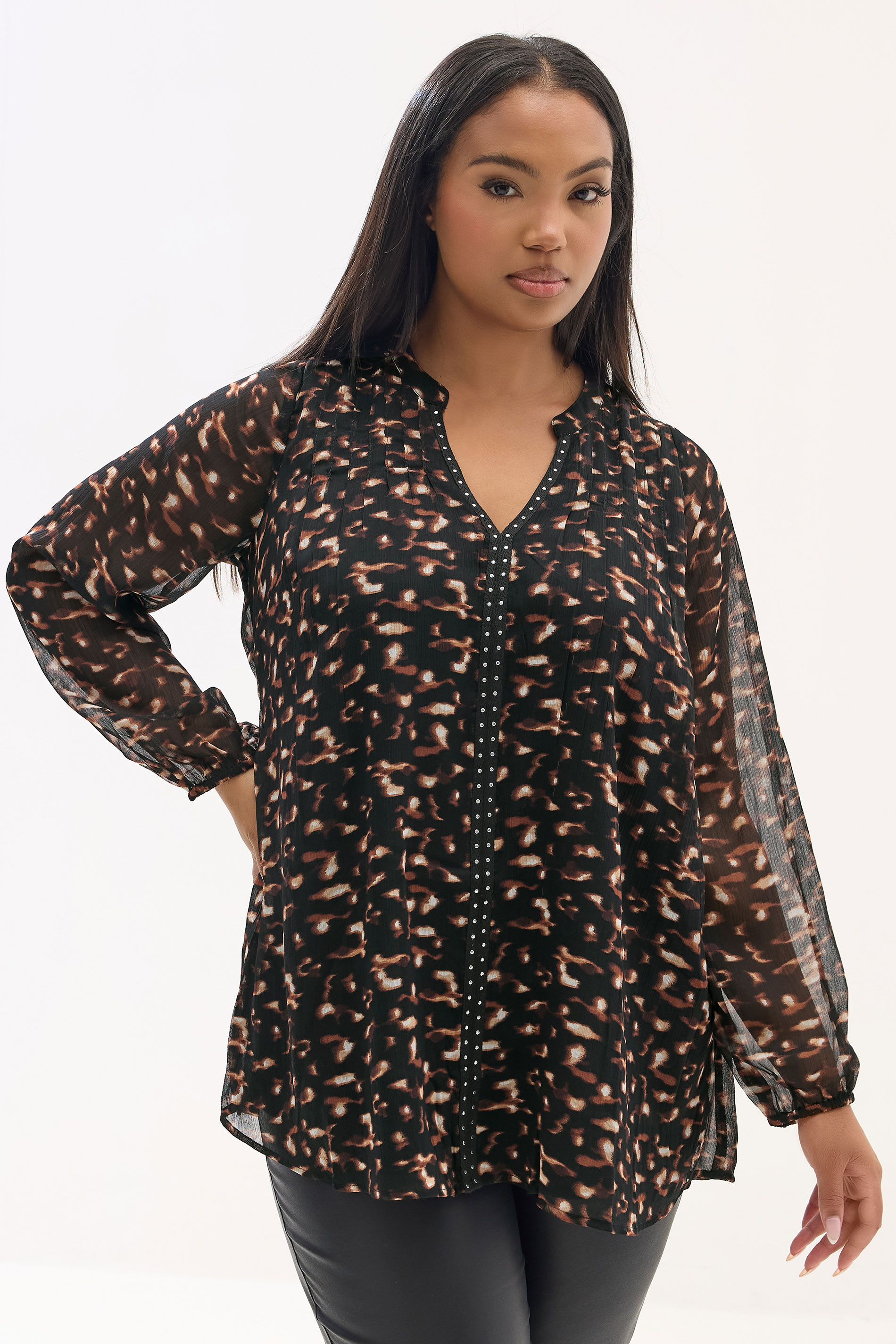 YOURS Plus Size Black & Brown Leopard Print Stud Detail Blouse | Yours Clothing 3