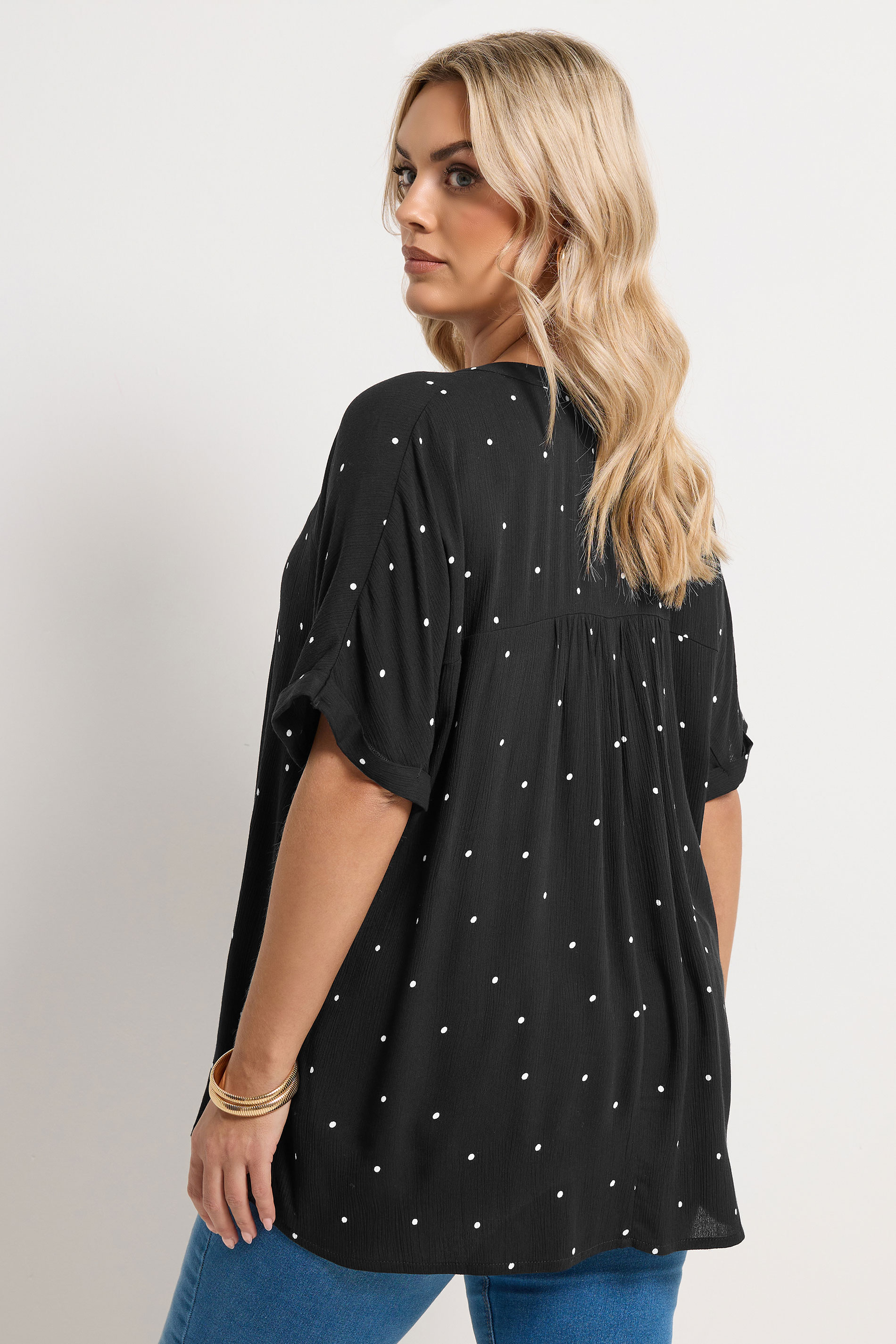 YOURS Plus Size Black Crinkle Polka Dot Notch Neck Top | Yours Clothing 2