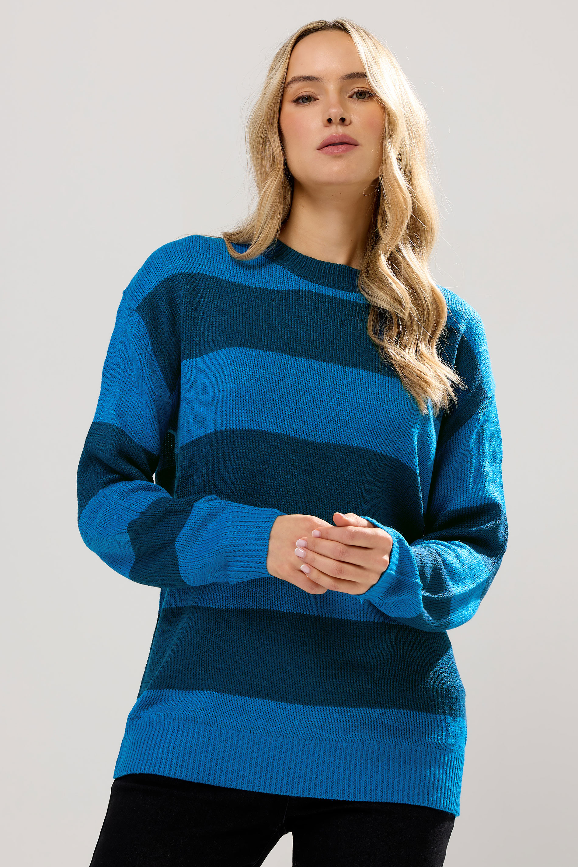 LTS Tall Blue Knitted Stripe Crew Neck Jumper | Long Tall Sally 3