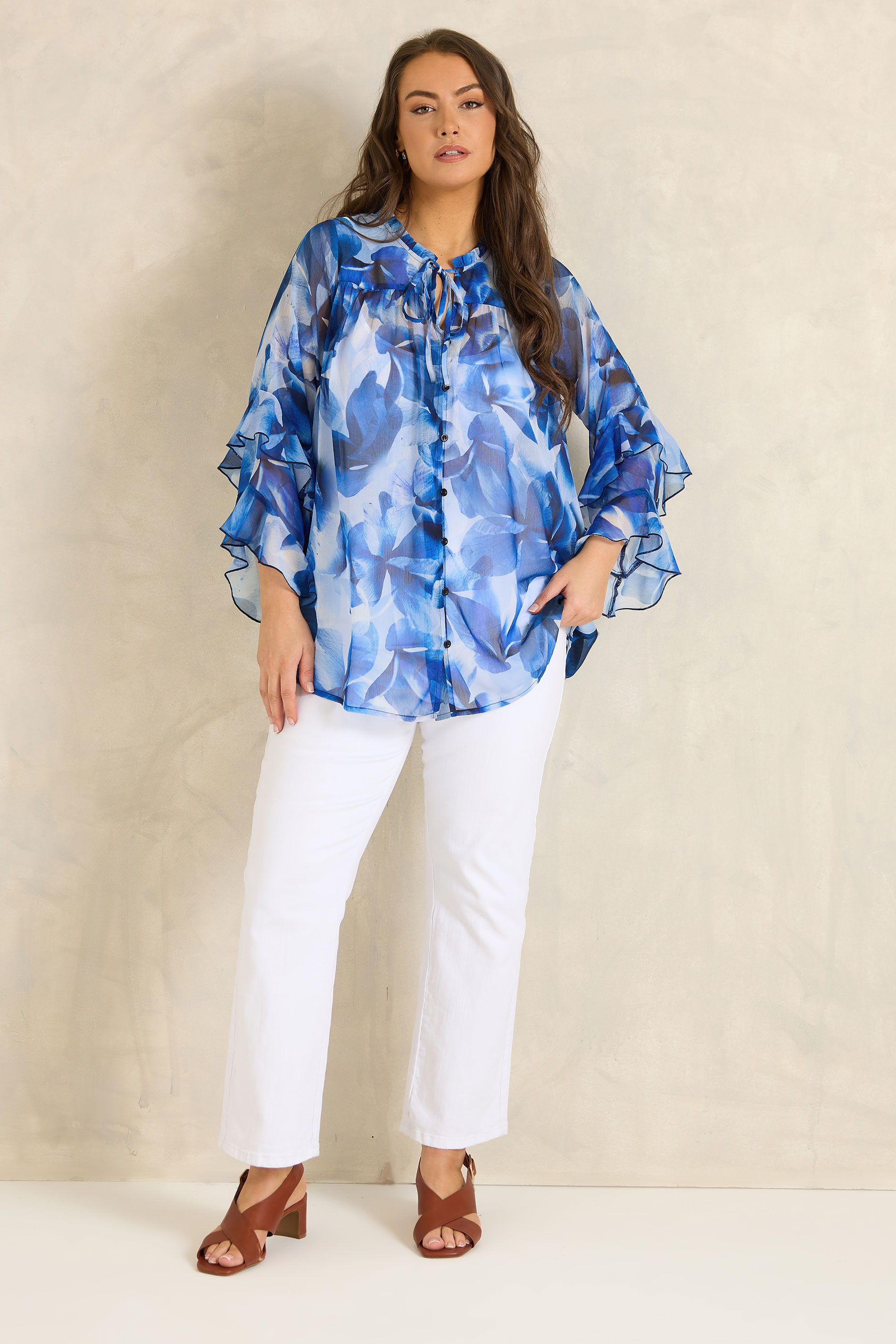 EVANS Plus Size Blue Floral Tie Neck Frill Blouse | Evans 1