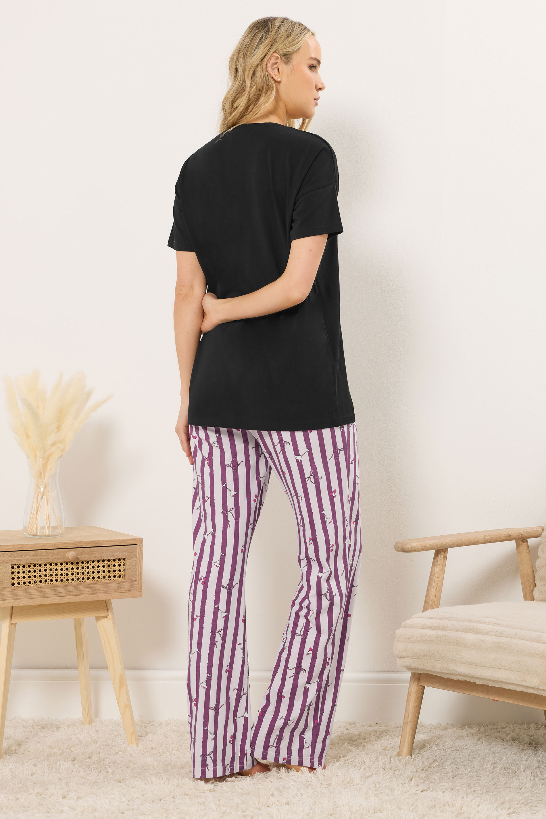 LTS Tall Women's Black 'Happy Hour' Cocktail Cotton Wide Leg Pyjama Set | Long Tall Sally 2