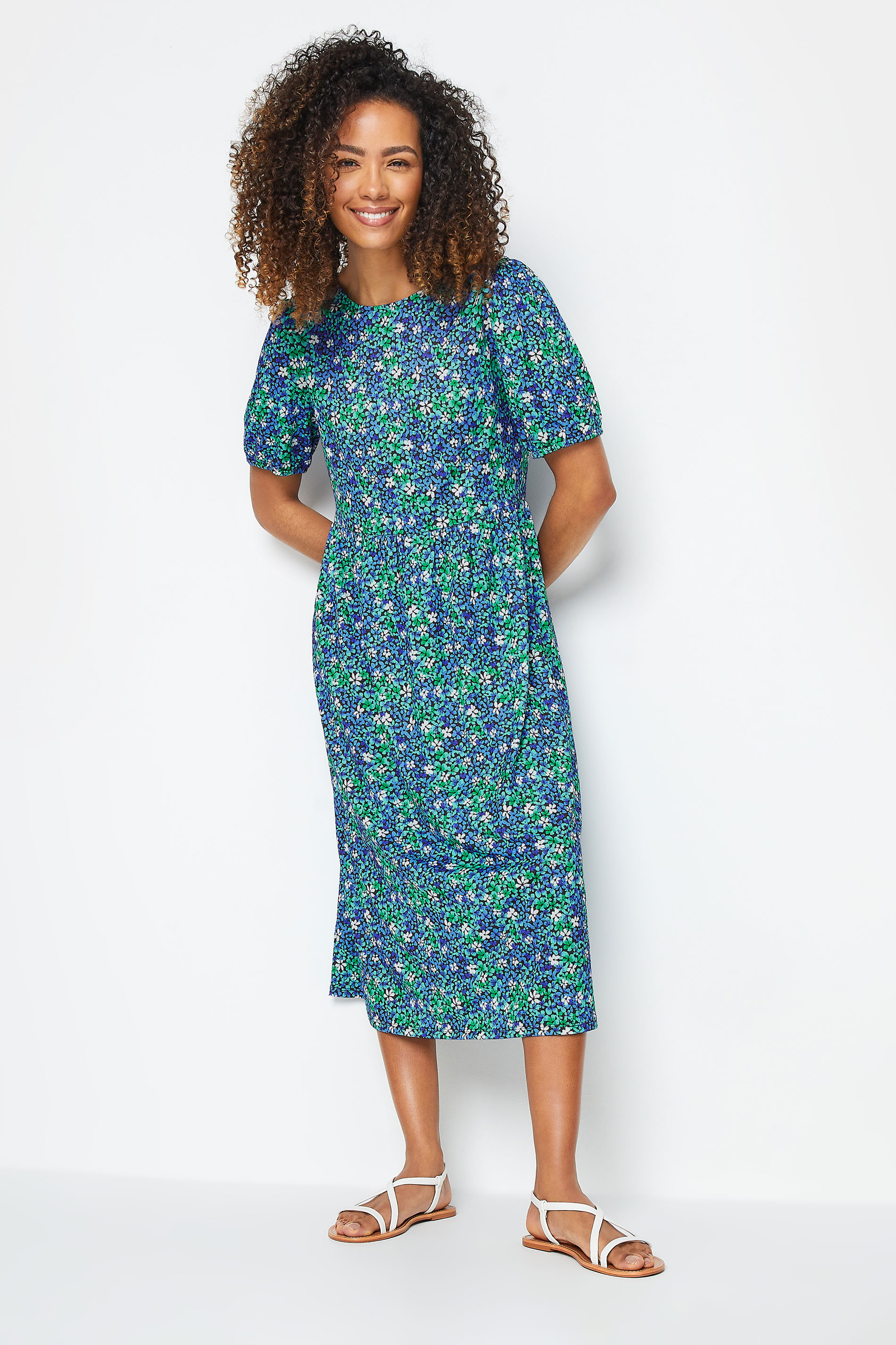 M&Co Blue Dity Floral Print Short Sleeve Smock Dress | M&Co 1