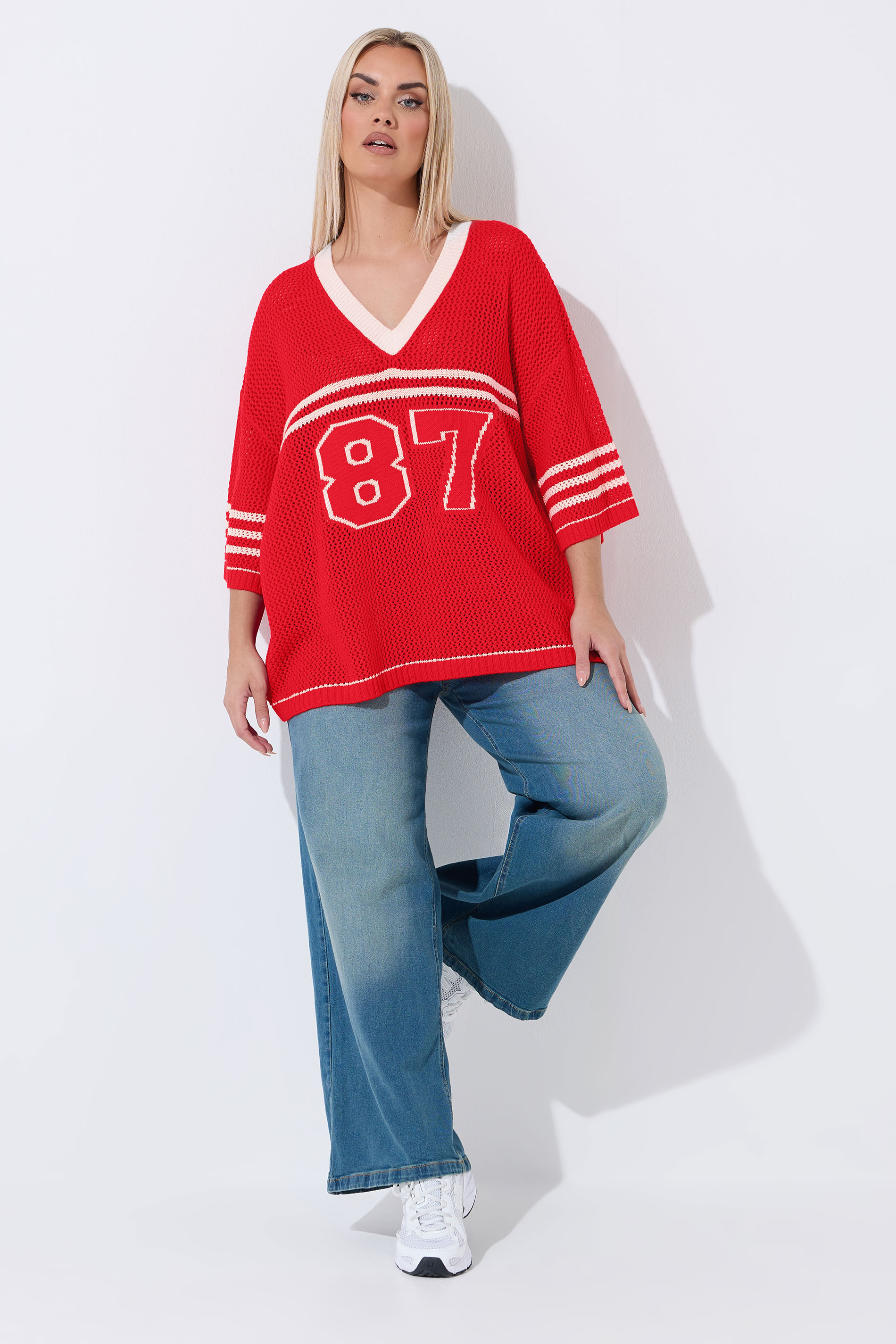 LIMITED COLLECTION Plus Size Red '87' Crochet Top | Yours Clothing 1