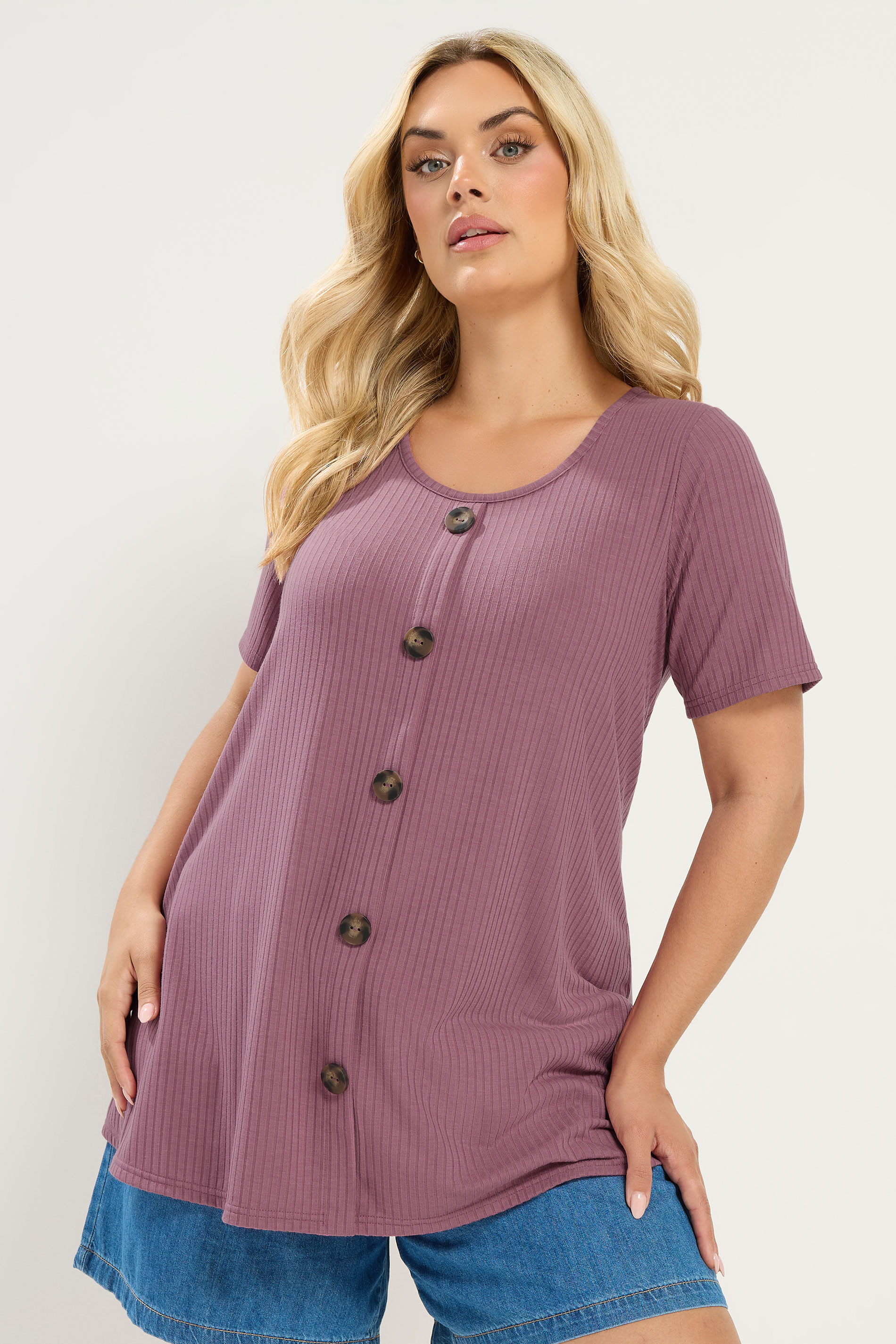 YOURS Plus Size Pink Button Front Ribbed Swing Top | Yours Clothing 3