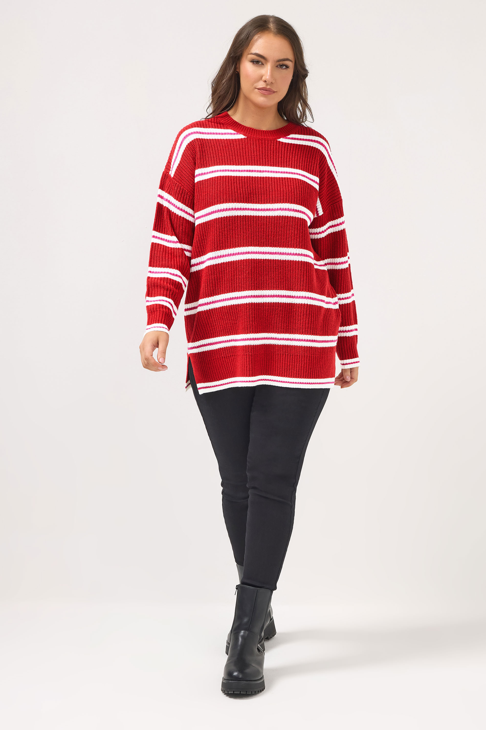 YOURS Plus Size Red Stripe Drop Shoulder Knitted Jumper | Yours Clothing 1