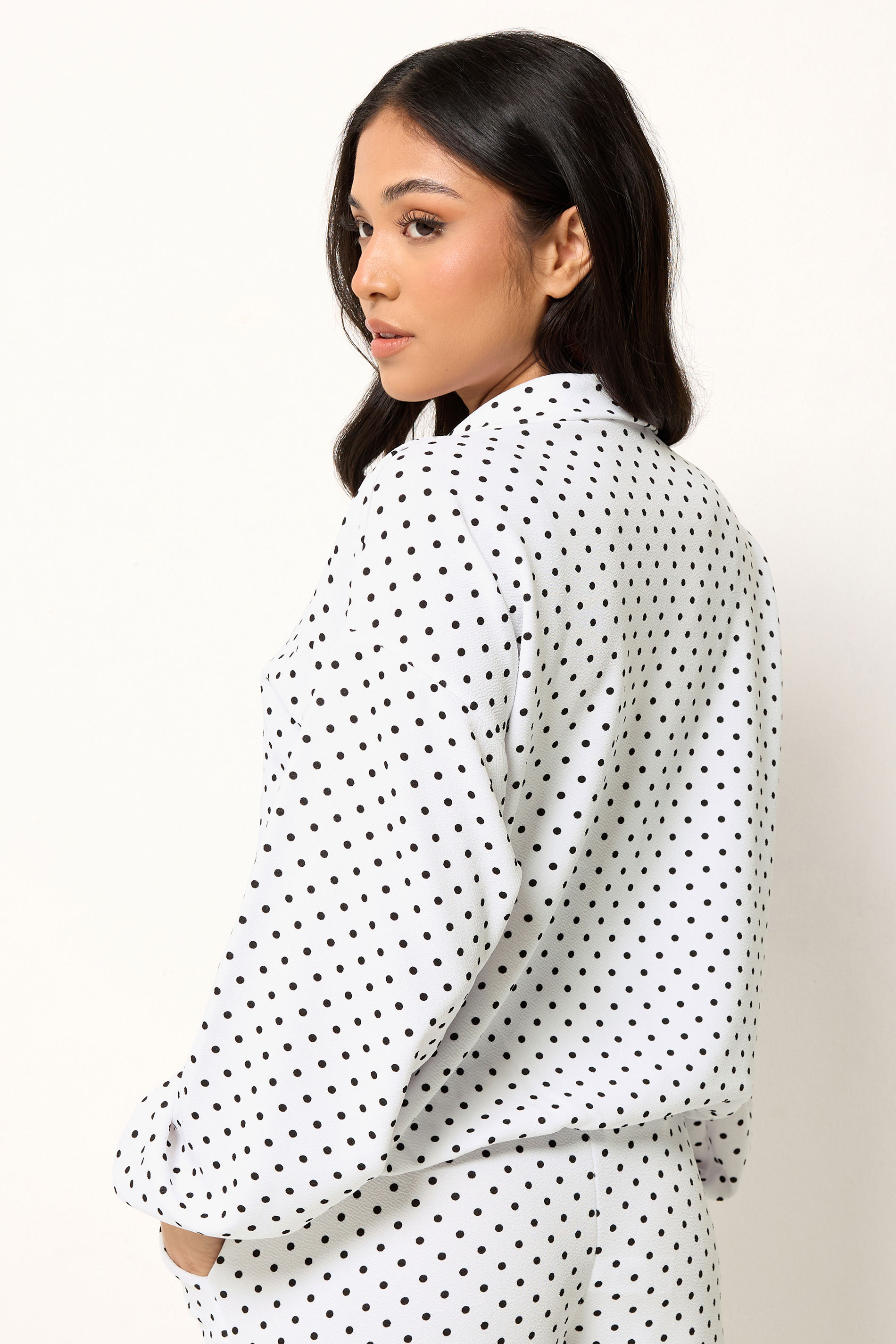 PixieGirl Petite Women's White Polka Dot Textured Funnel Neck Jacket | PixieGirl 4