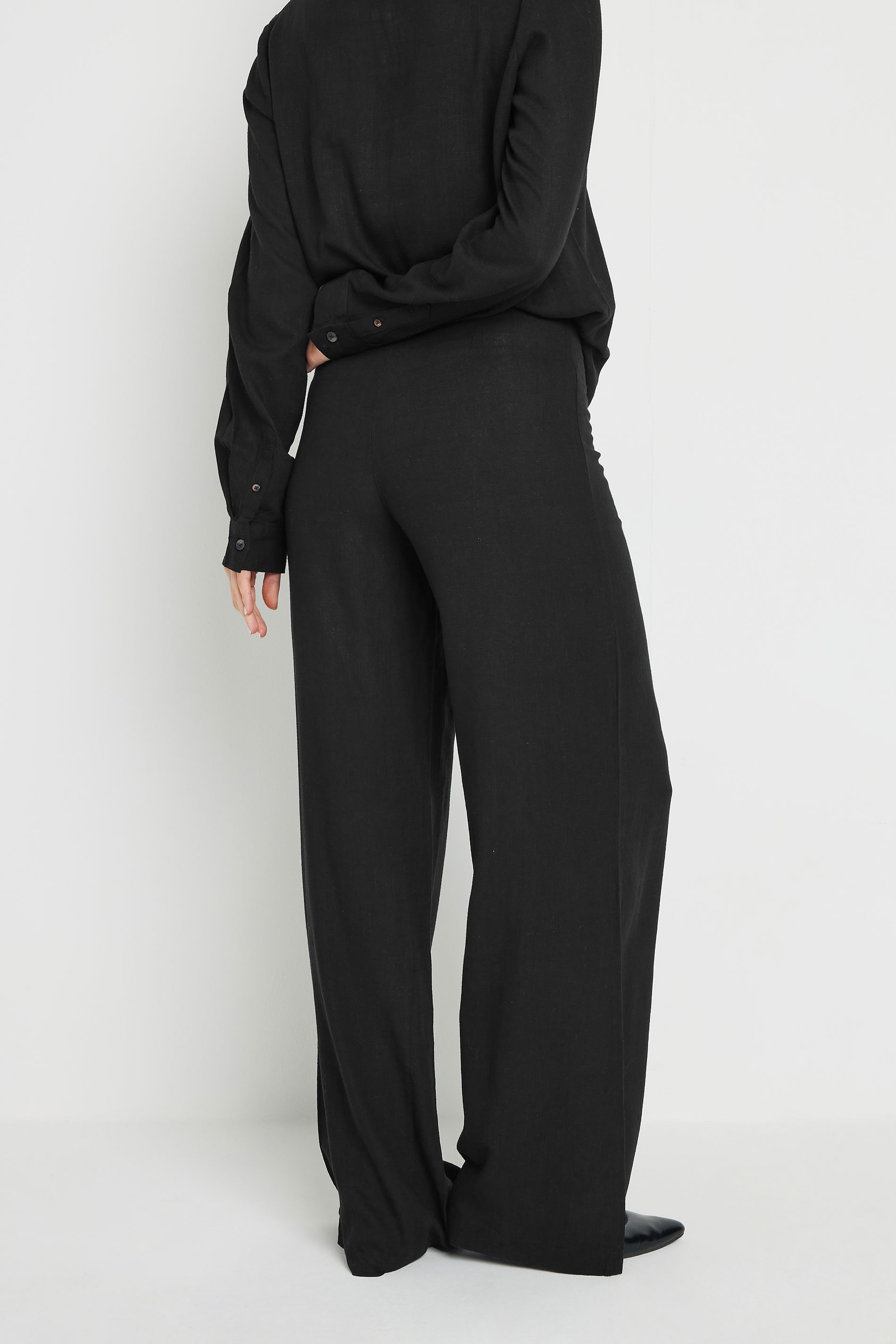 LTS Tall Black Linen Pleated Wide Leg Trousers | Long Tall Sally 2
