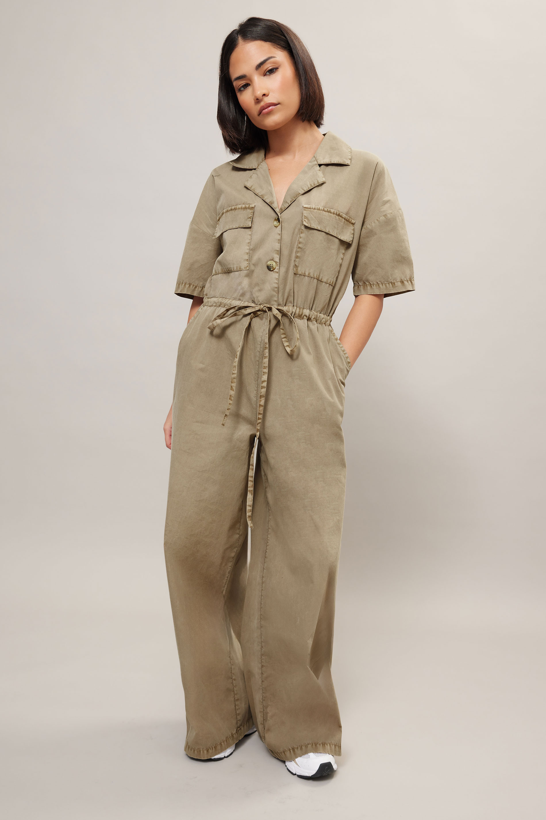PixieGirl Petite Women's Brown Tie Waist Cotton Wide Leg Jumpsuit | PixieGirl 3