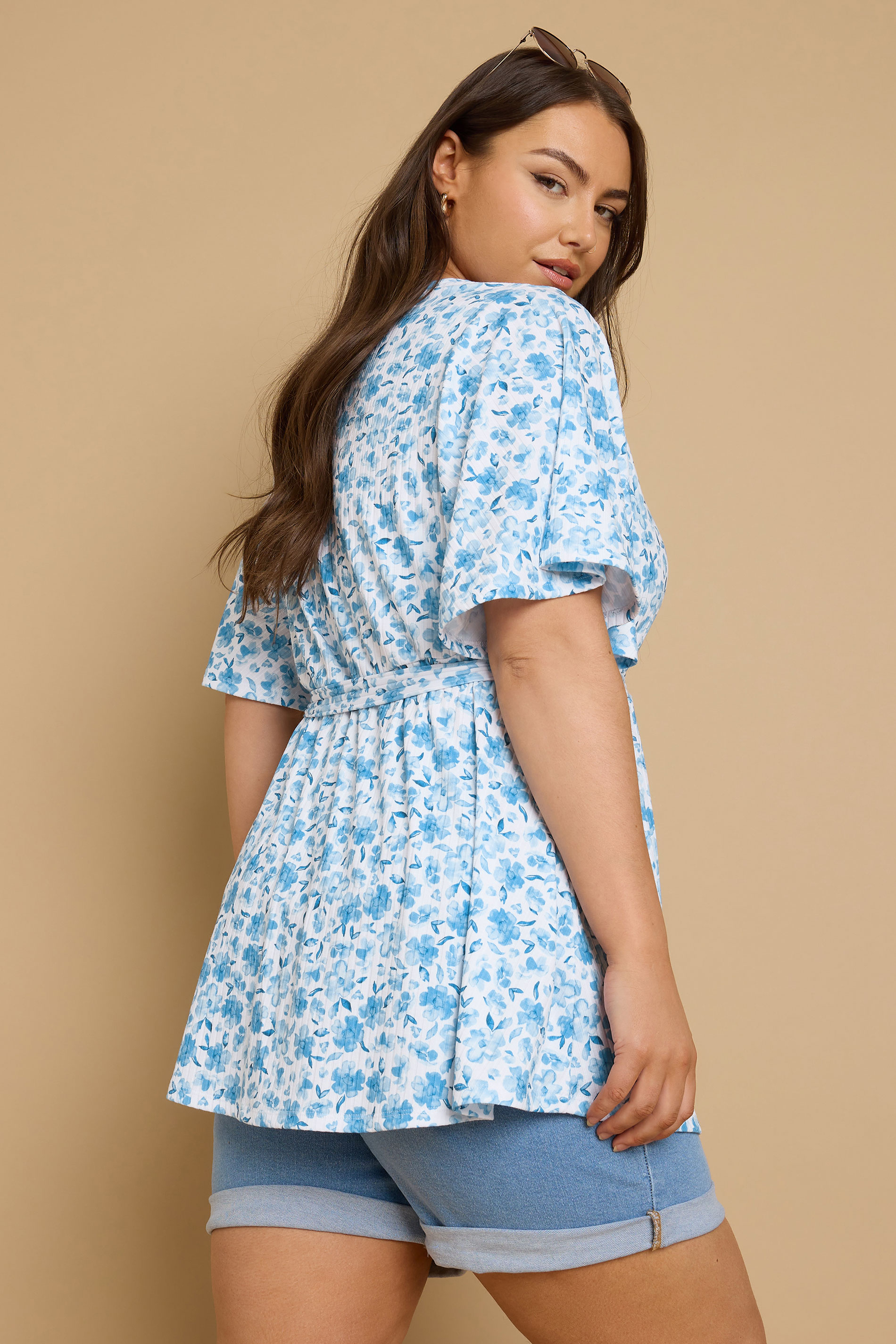YOURS Plus Size Blue Floral Print Ribbed Wrap Top | Yours Clothing 2