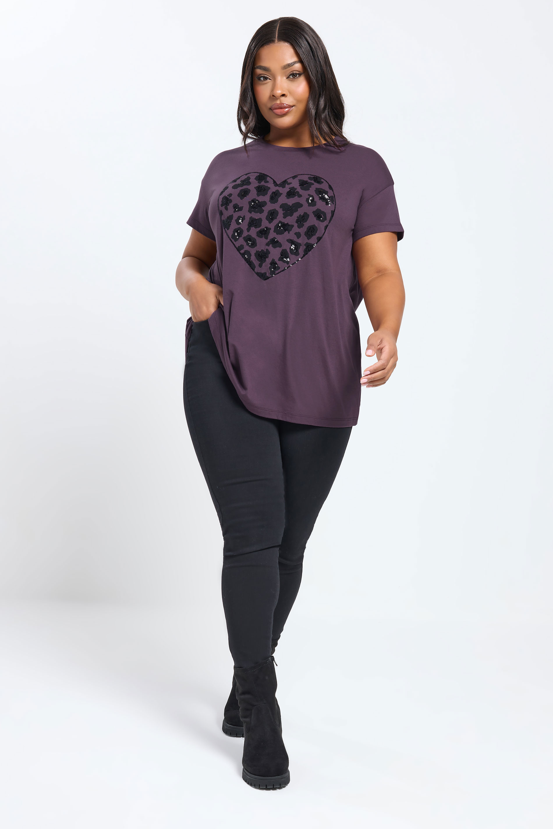 YOURS Curve Purple Leopard Print Sequin Heart T-Shirt | Yours Clothing 1