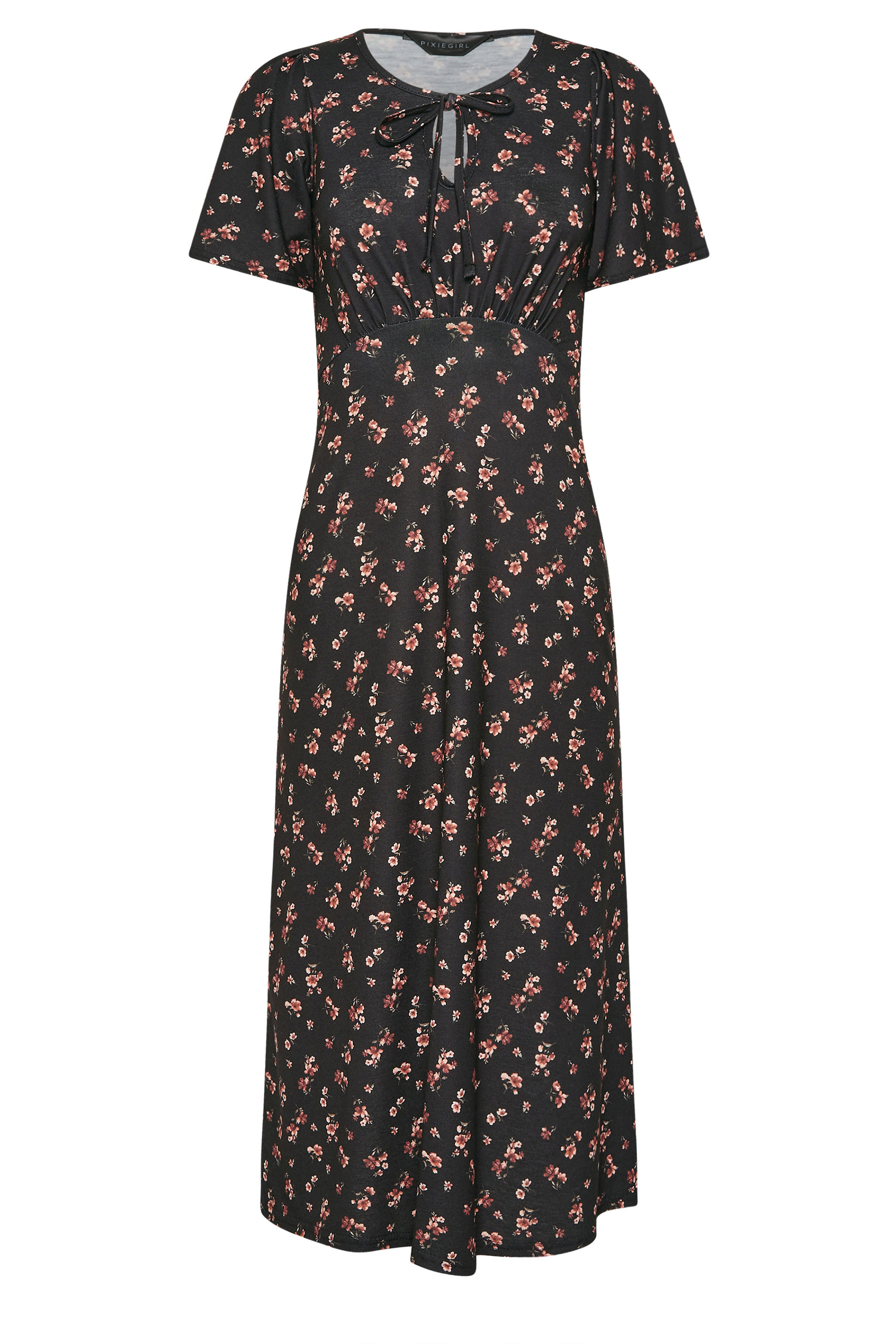 PixieGirl Petite Women's Black Ditsy FloralTie Front Midi Dress | PixieGirl 5