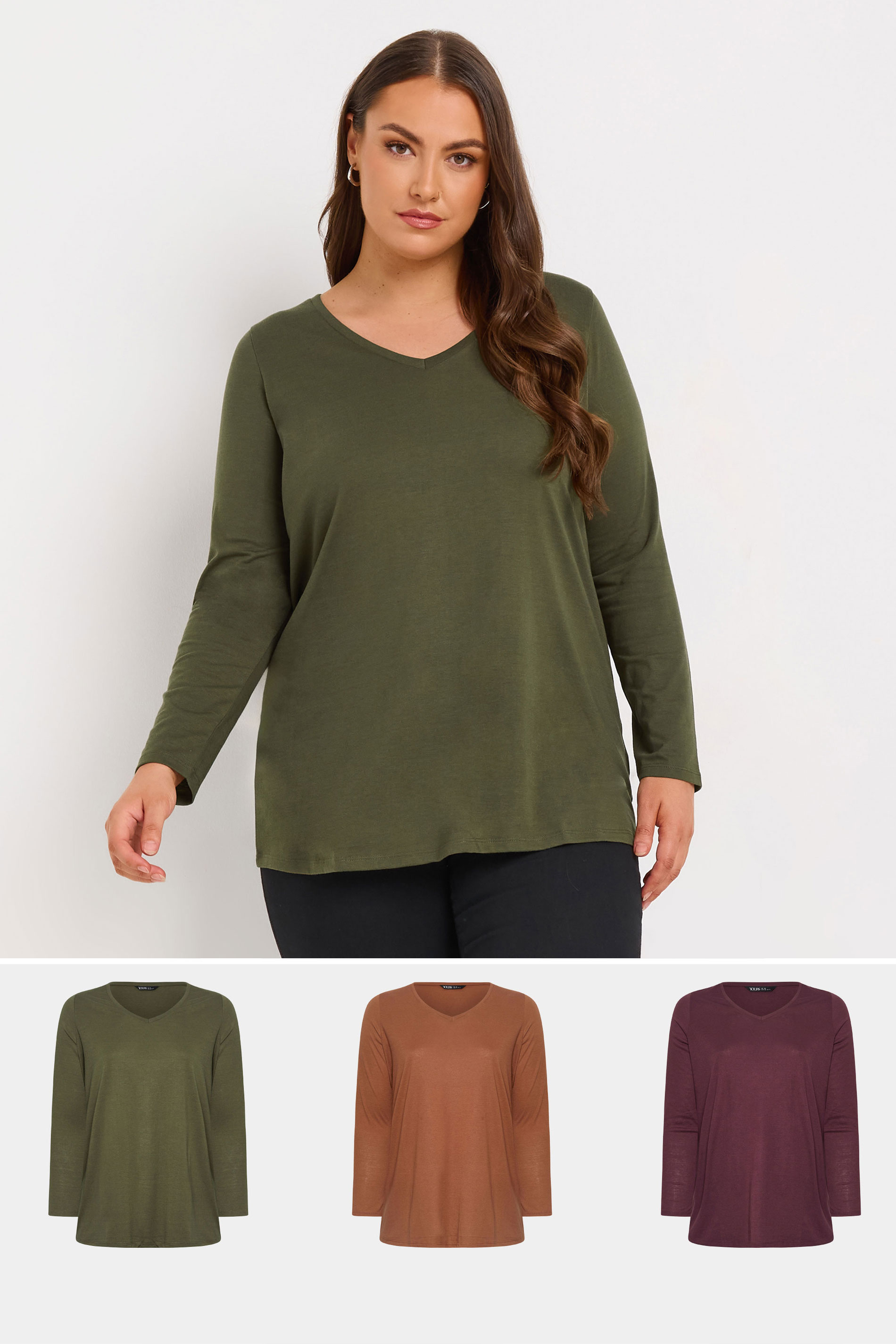 YOURS 3 PACK Plus Size Brown & Khaki Green Long Sleeve V-Neck T-Shirts| Yours Clothing 1