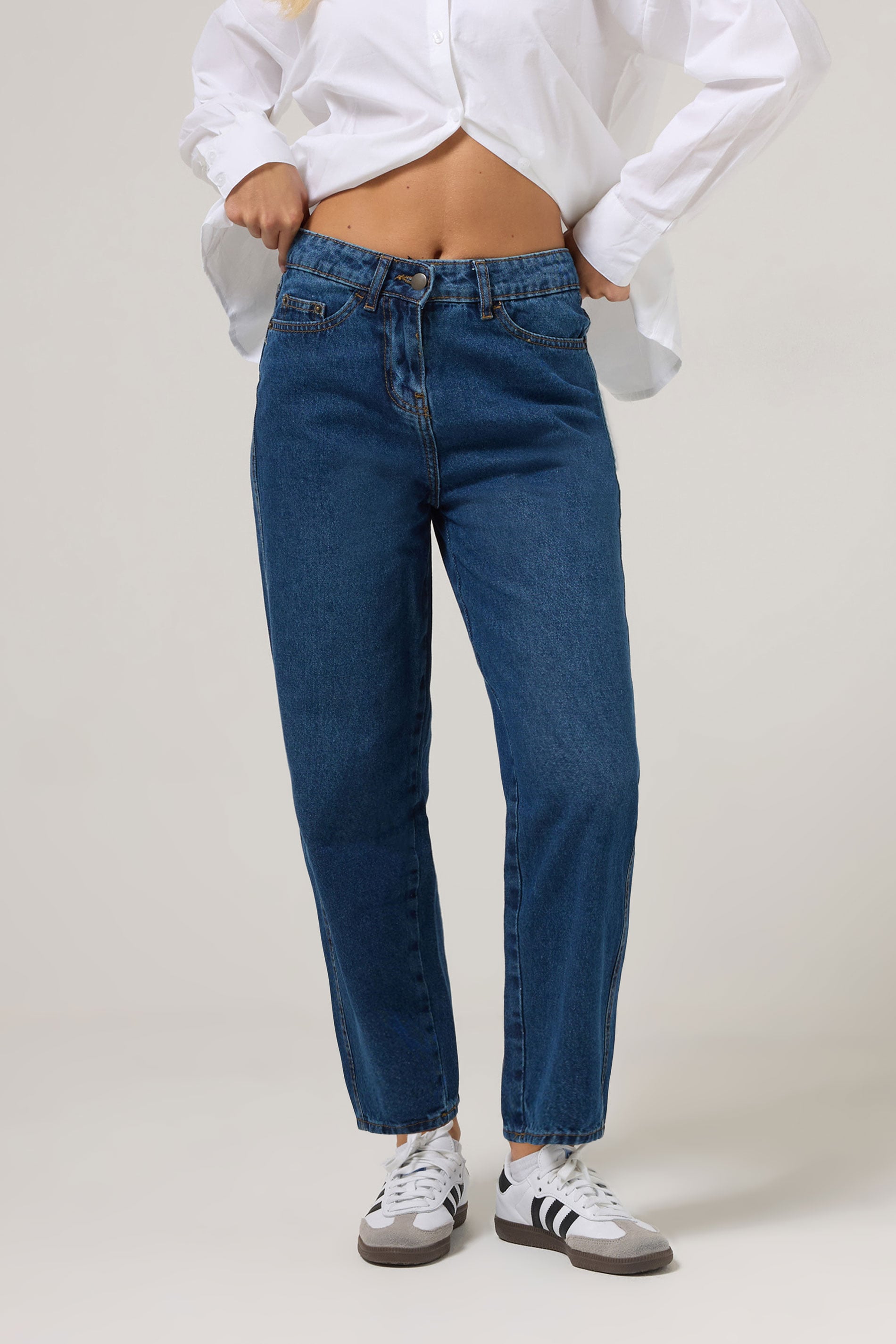 PixieGirl Petite Women's Dark Blue Non-Stretch Barrel Leg Jeans | PixieGirl 1