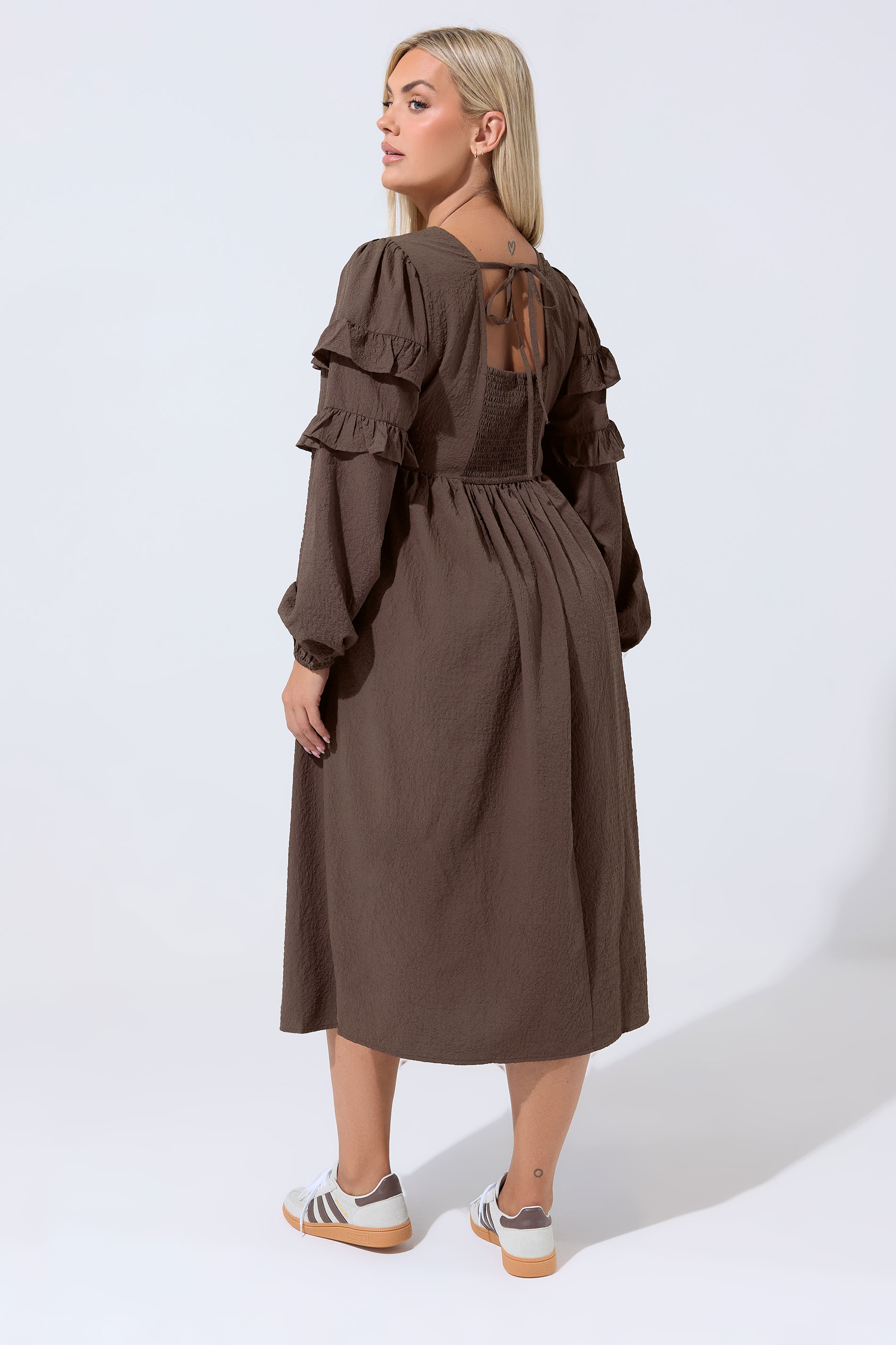 LIMITED COLLECTION Plus Size Brown Textured Ruffle Dress | Yours Clothing 2
