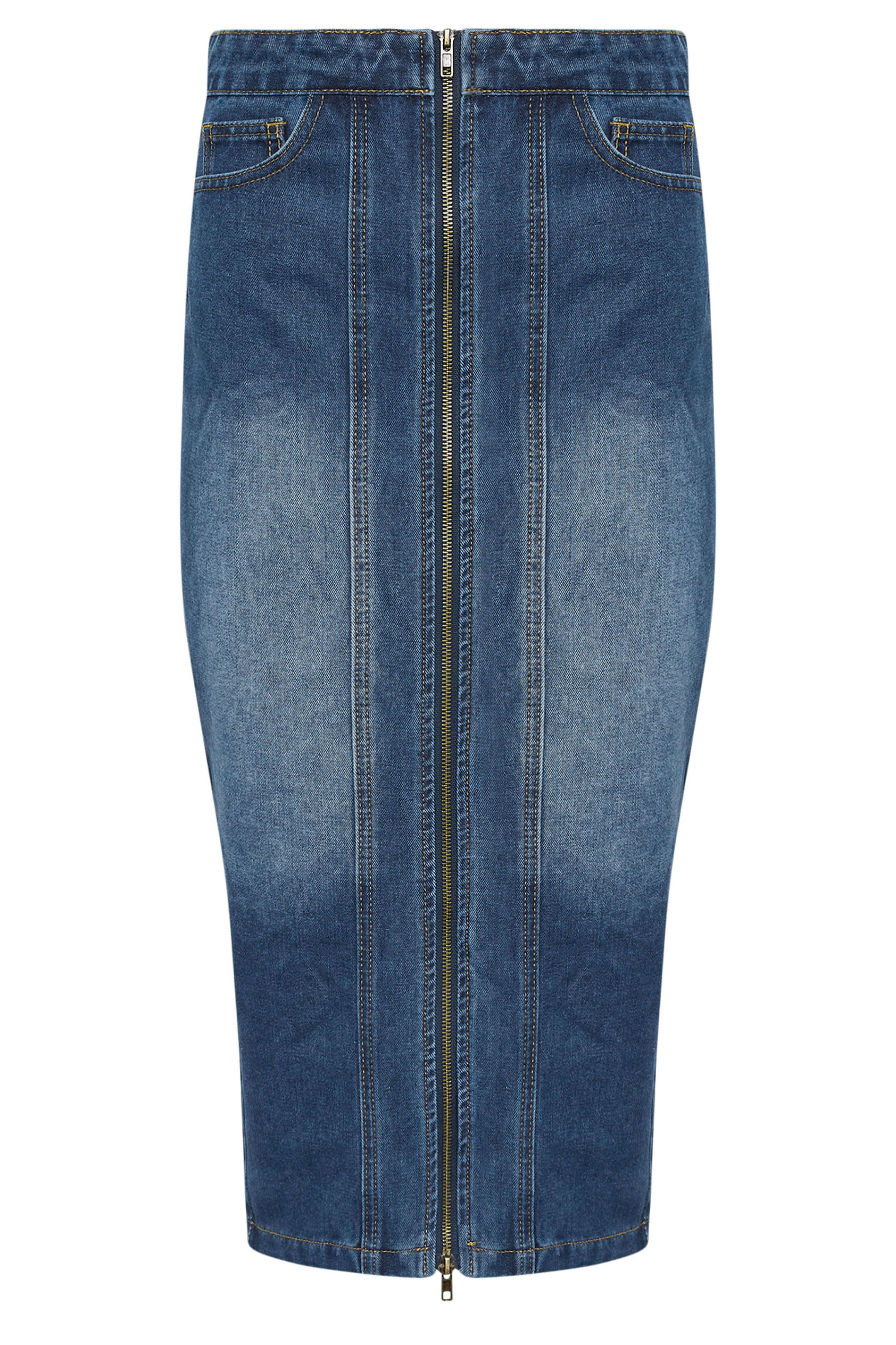 PixieGirl Petite Women's Blue Denim Zip Front Midi Skirt | PixieGirl 5