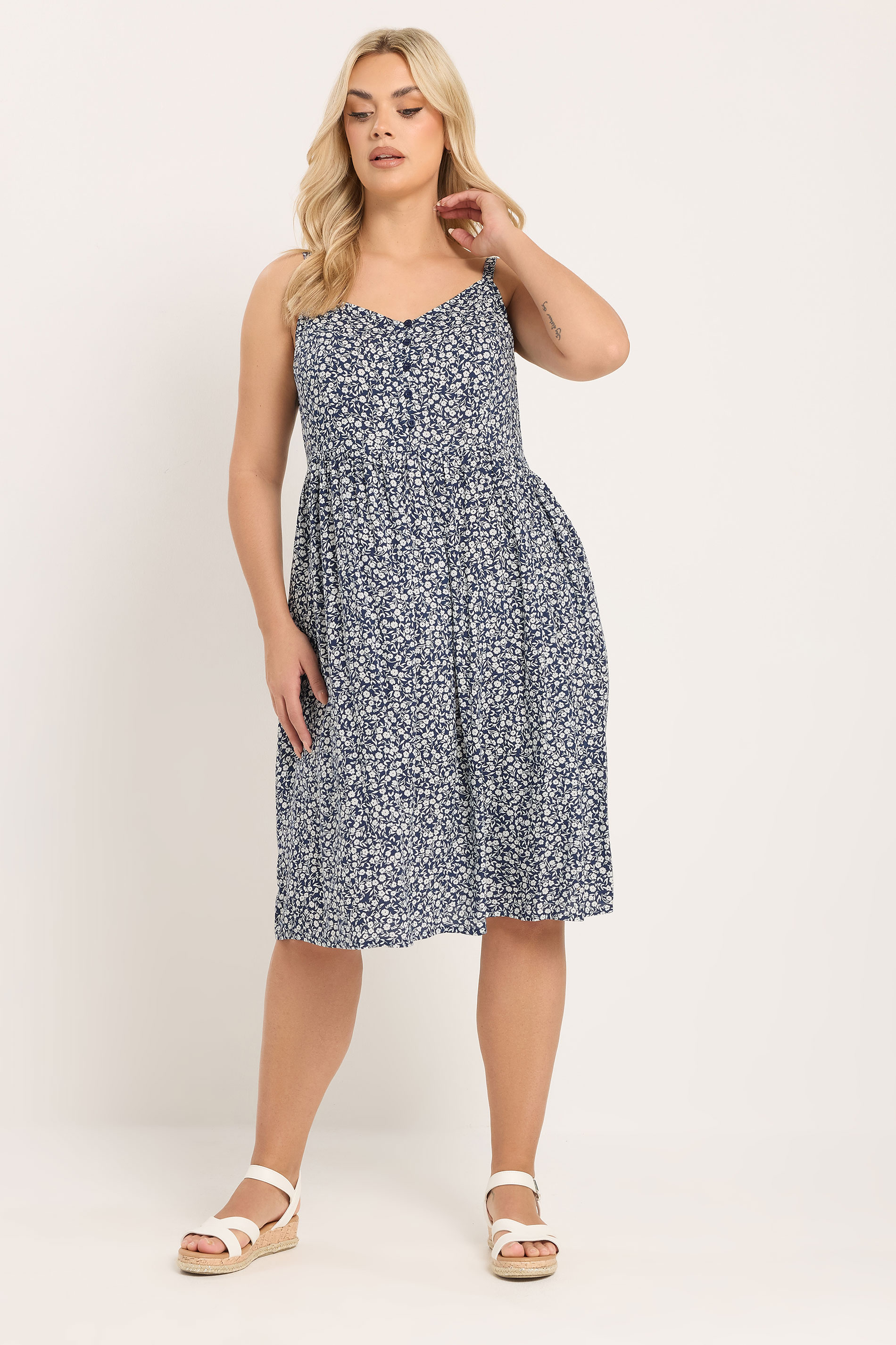 YOURS Plus Size Navy Blue Ditsy Floral Strappy Sundress | Yours Clothing 3
