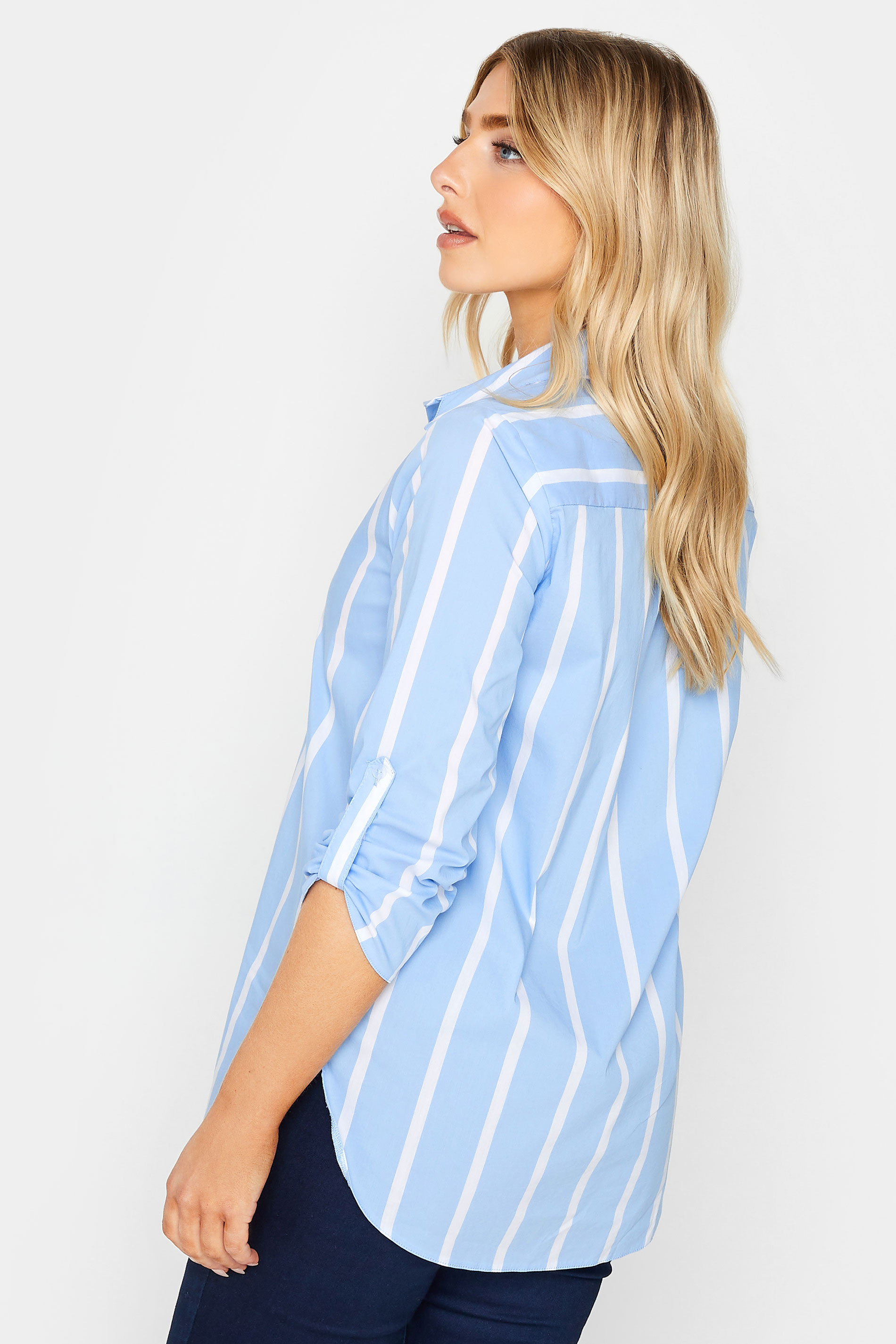 M&Co Blue Stripe Tab Sleeve Detail Shirt | M&Co 3
