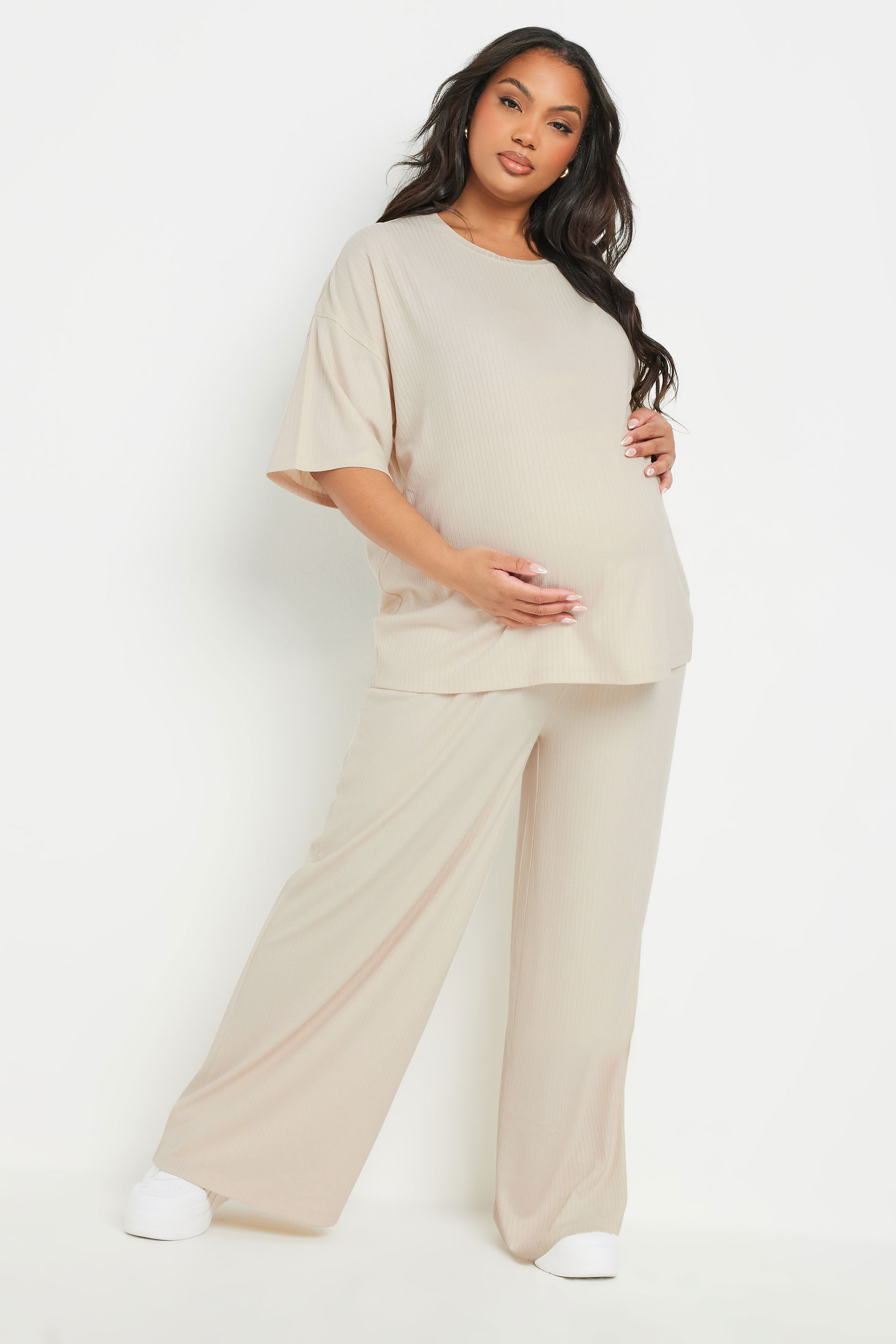 BUMP IT UP MATERNITY Plus Size Cream Premium Ribbed Wide Leg Trousers | Yours Clothing 1