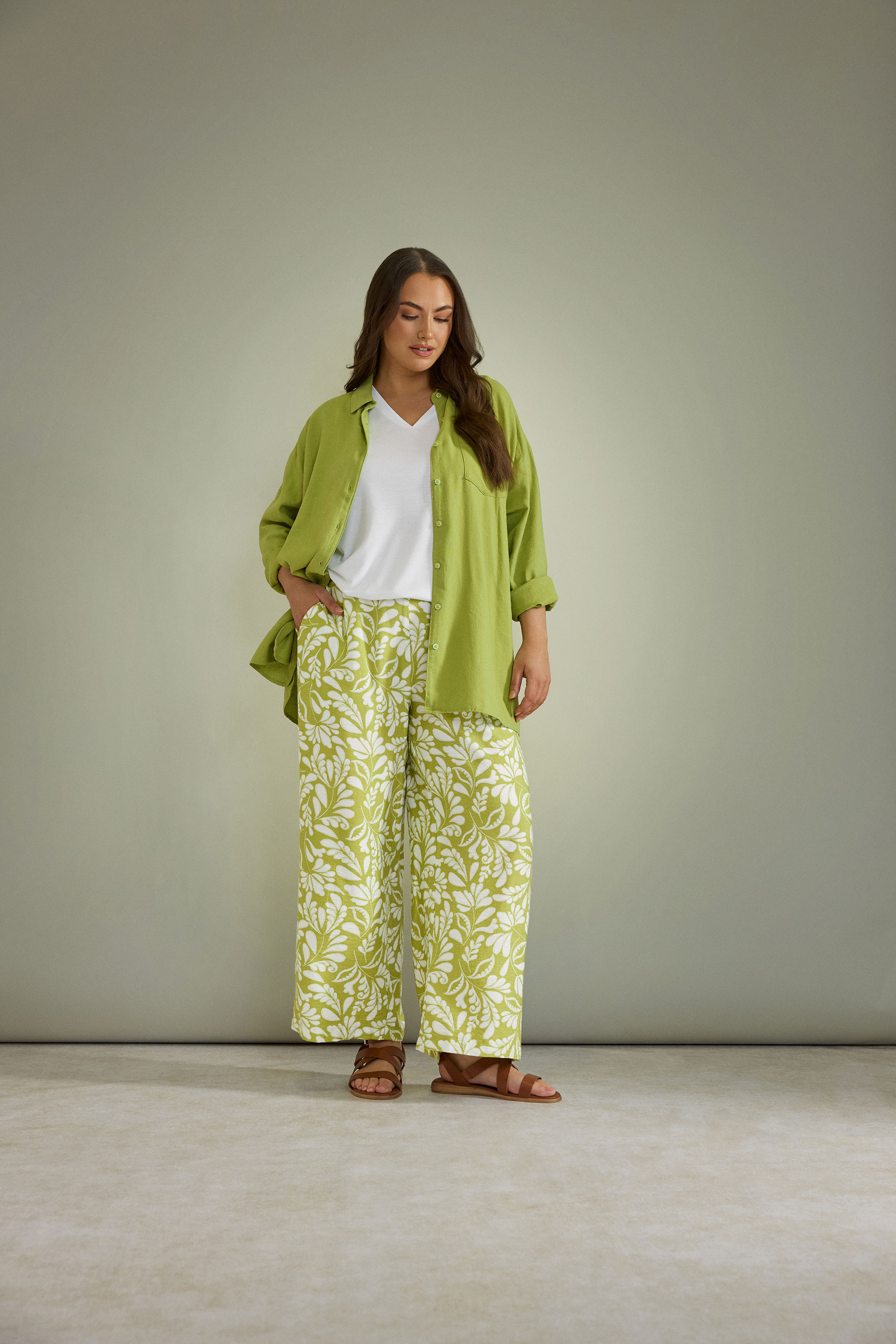 EVANS Plus Size Chartreuse Green Leaf Print Wide Leg Trousers | Evans 1