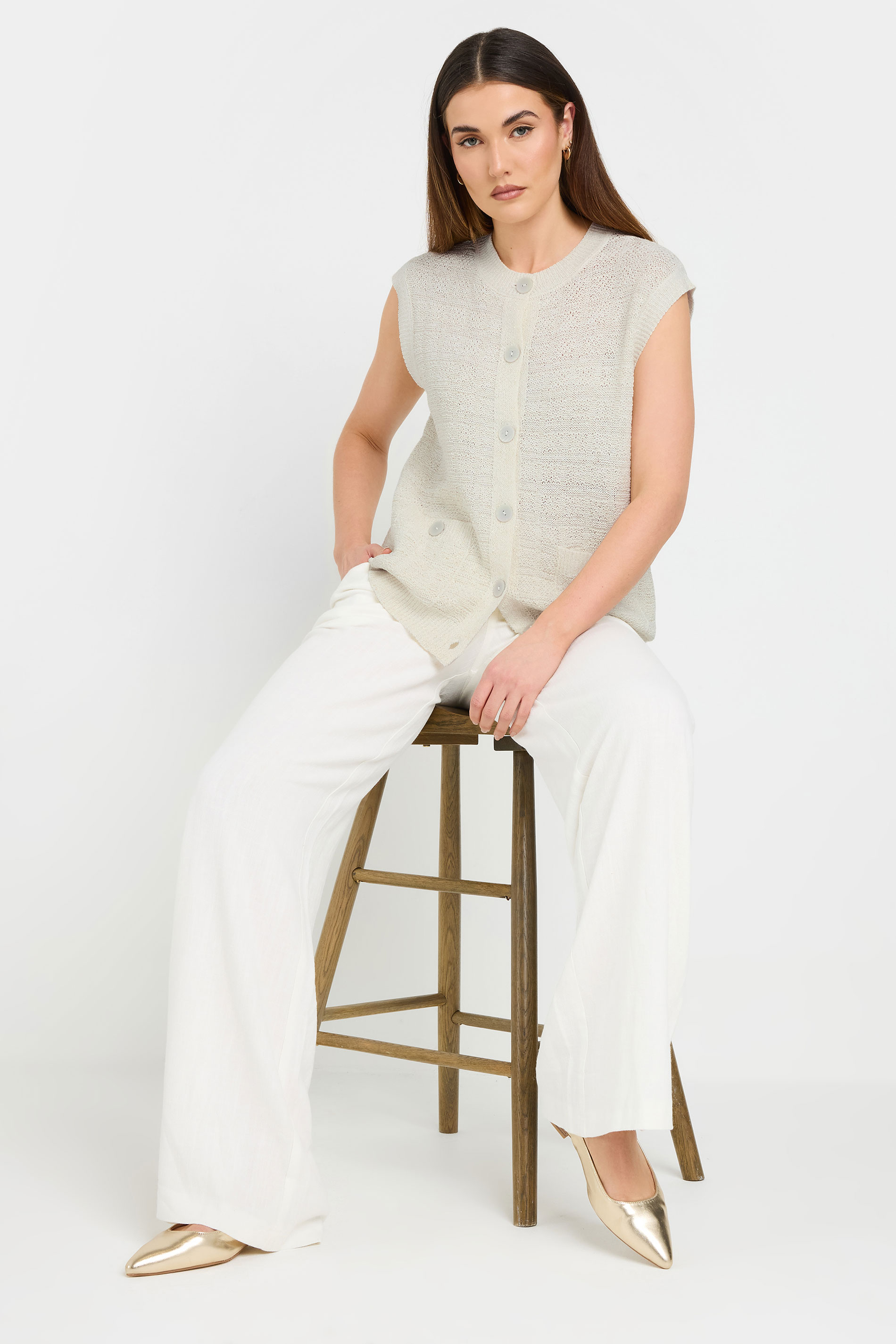 LTS Tall Ivory White Knitted Metallic Button Vest Top | Long Tall Sally 2