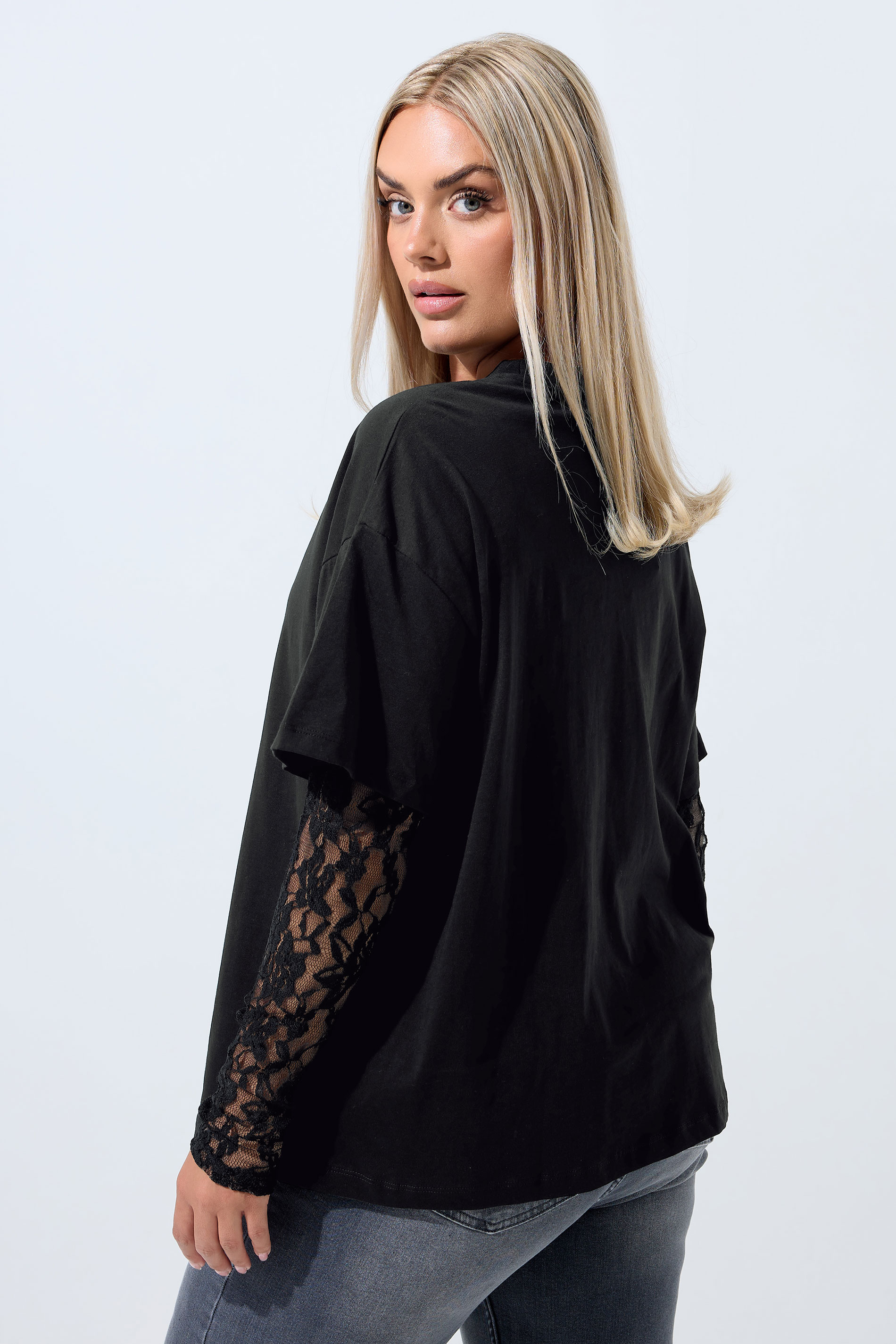 LIMITED COLLECTION Plus Size Black Lace Long Sleeve T-Shirt  | Yours Clothing 2