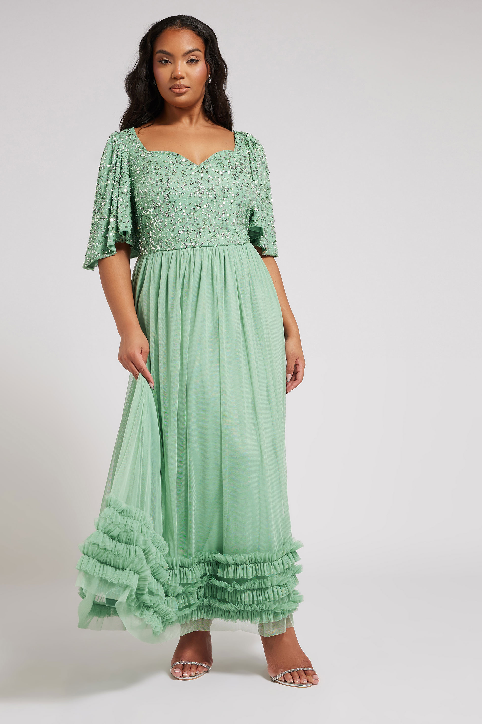 LUXE Plus Size Sage Green Embellished Ruffle Maxi Dress | Yours Clothing 1
