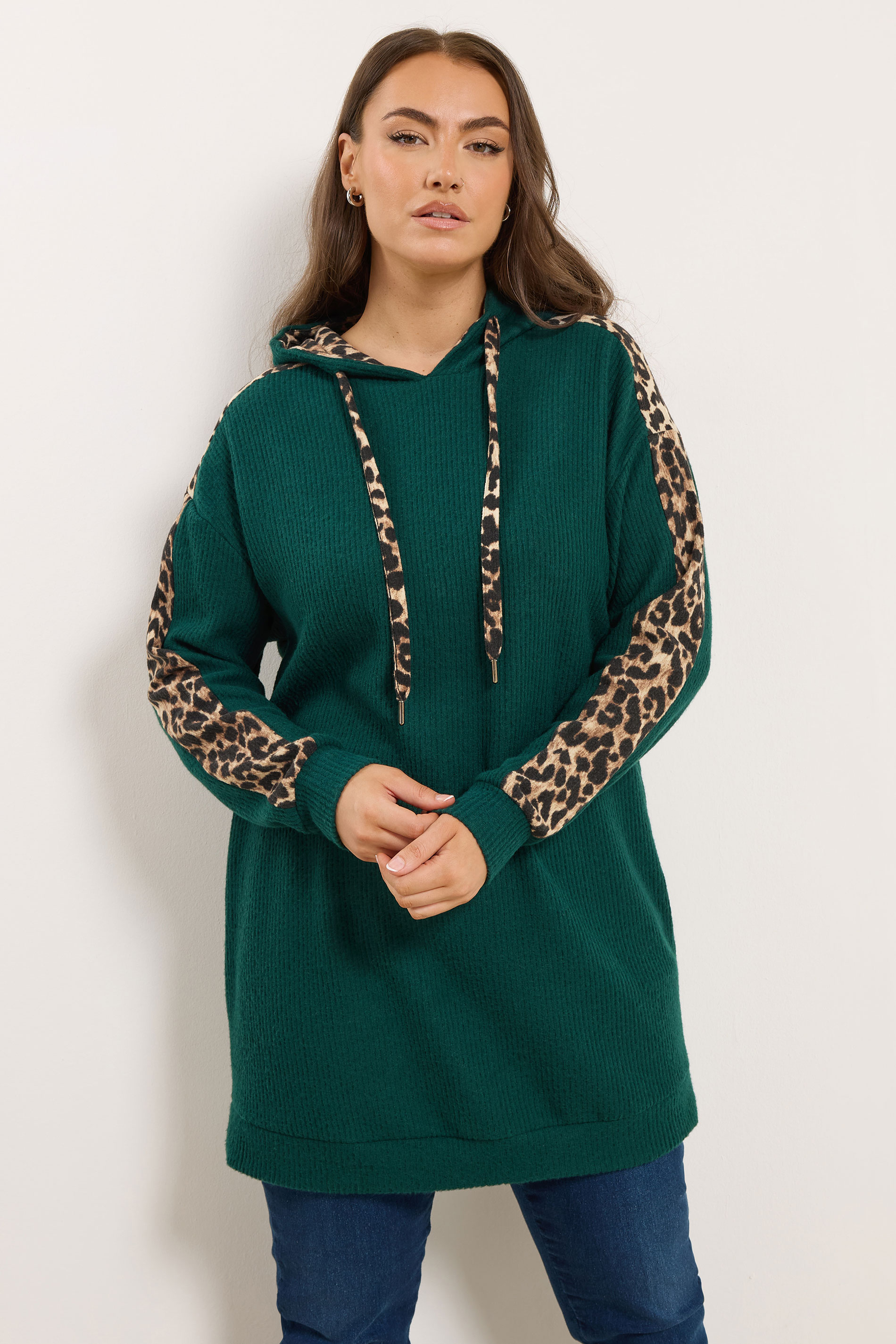 YOURS Plus Size Green Leopard Print Trim Hoodie | Yours Clothing  3