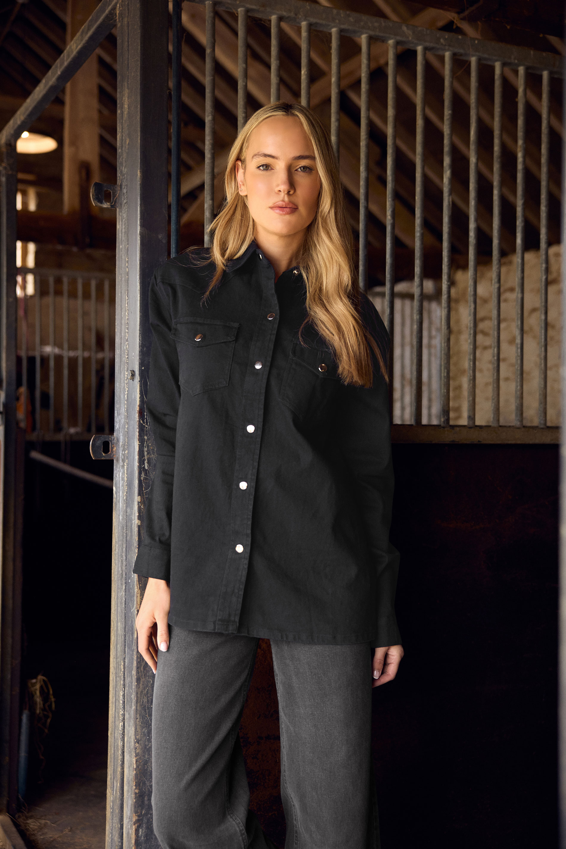 LTS Tall Black Denim Mid Wash Cotton Shirt | Long Tall Sally 3
