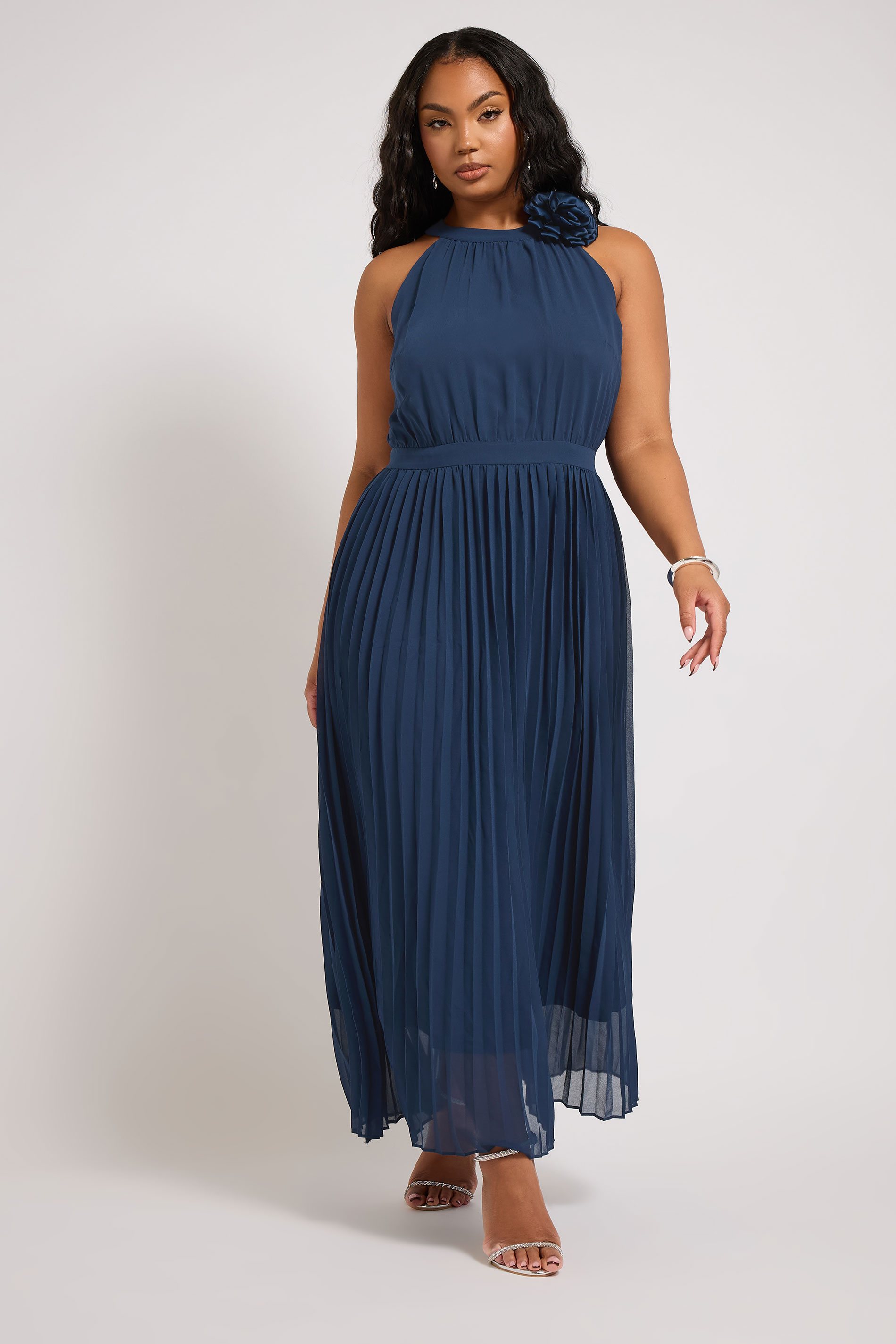 YOURS LONDON Plus Size Navy Blue Corsage Detail Pleated Maxi Dress | Yours Clothing 1