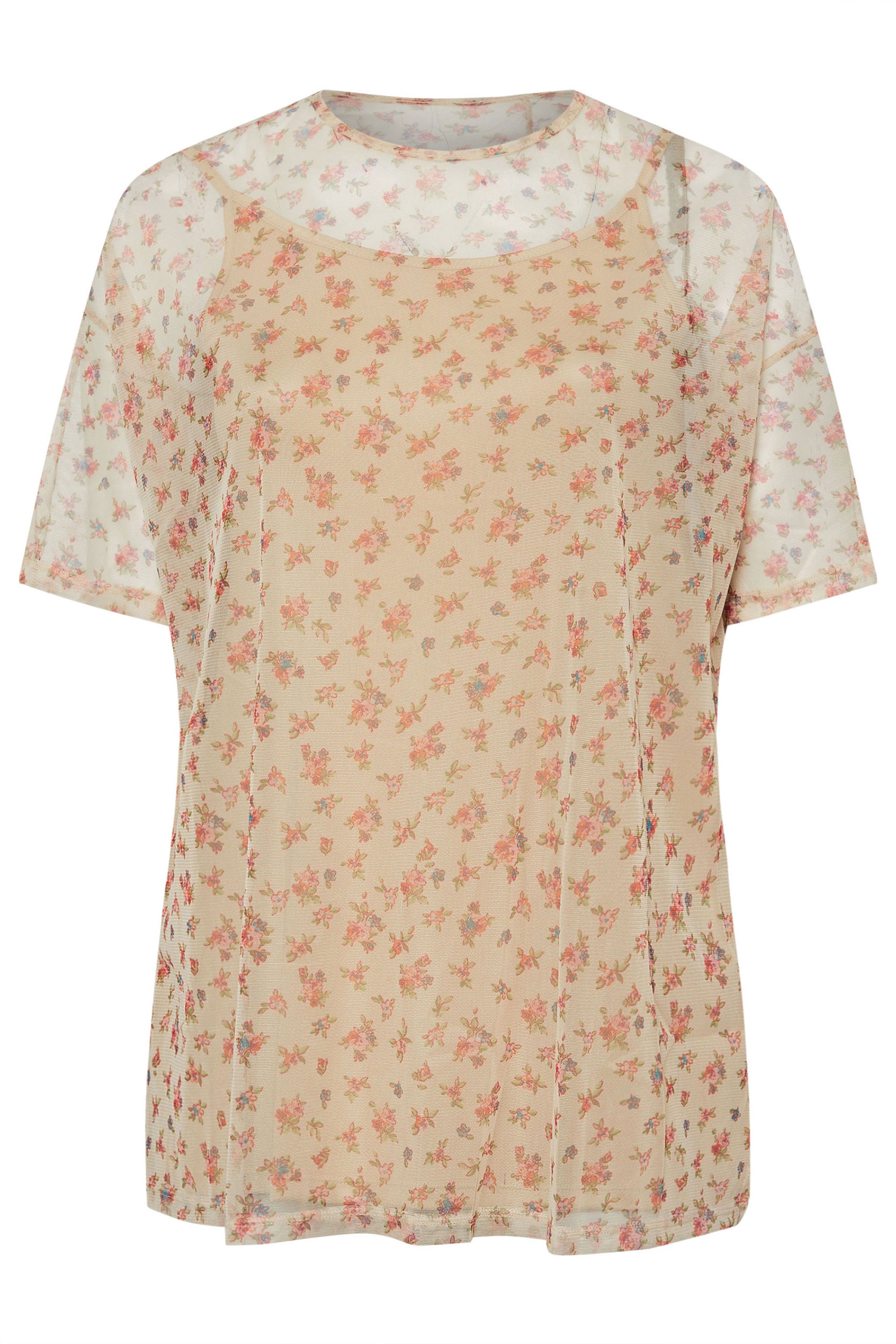 YOURS Plus Size Natural Brown Ditsy Floral Oversized Mesh Top | Yours Clothing 5