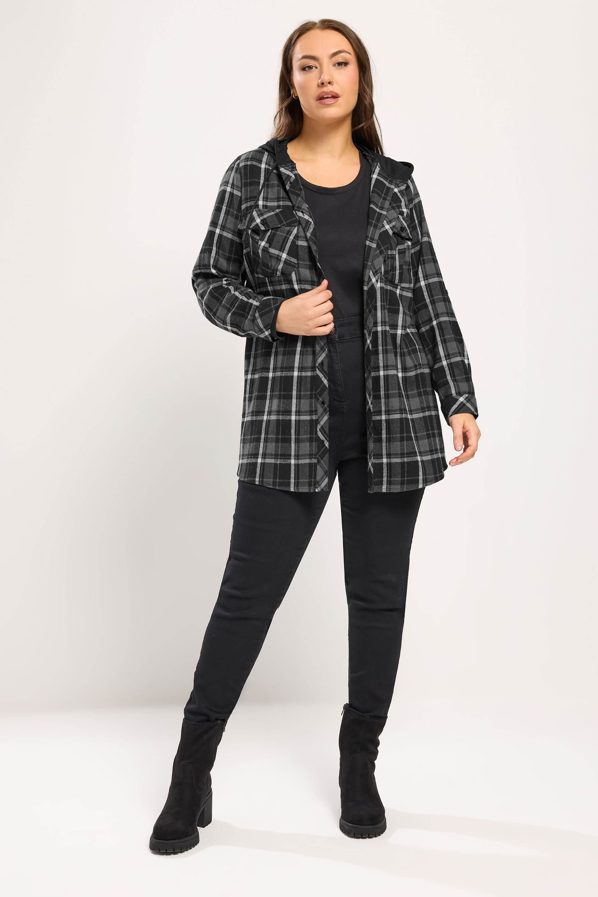 YOURS Plus Size Grey Hooded Check Shirt | Yours Clothing 1