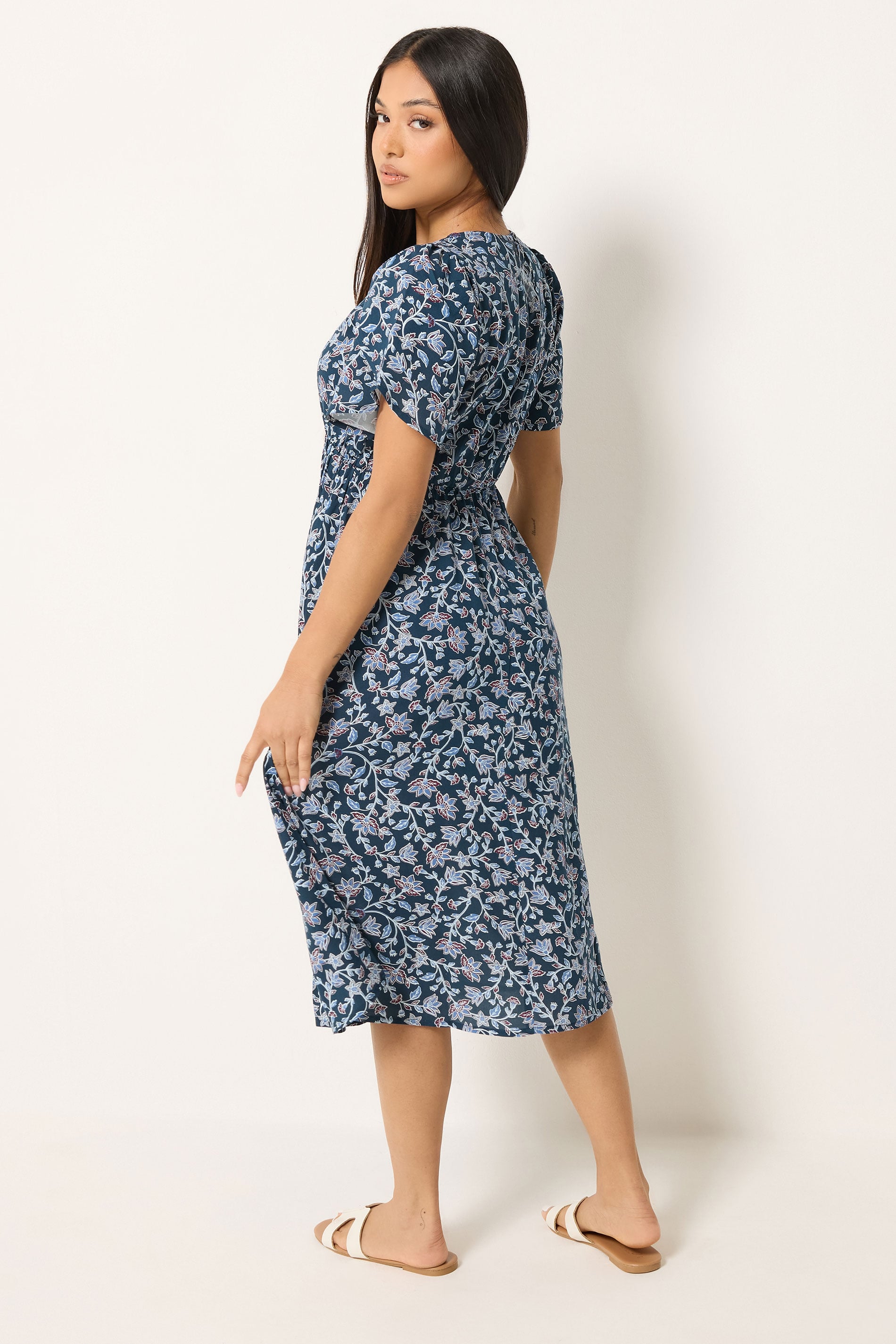 M&Co Petite Blue Floral Print Tulip Sleeve Dress | M&Co 2
