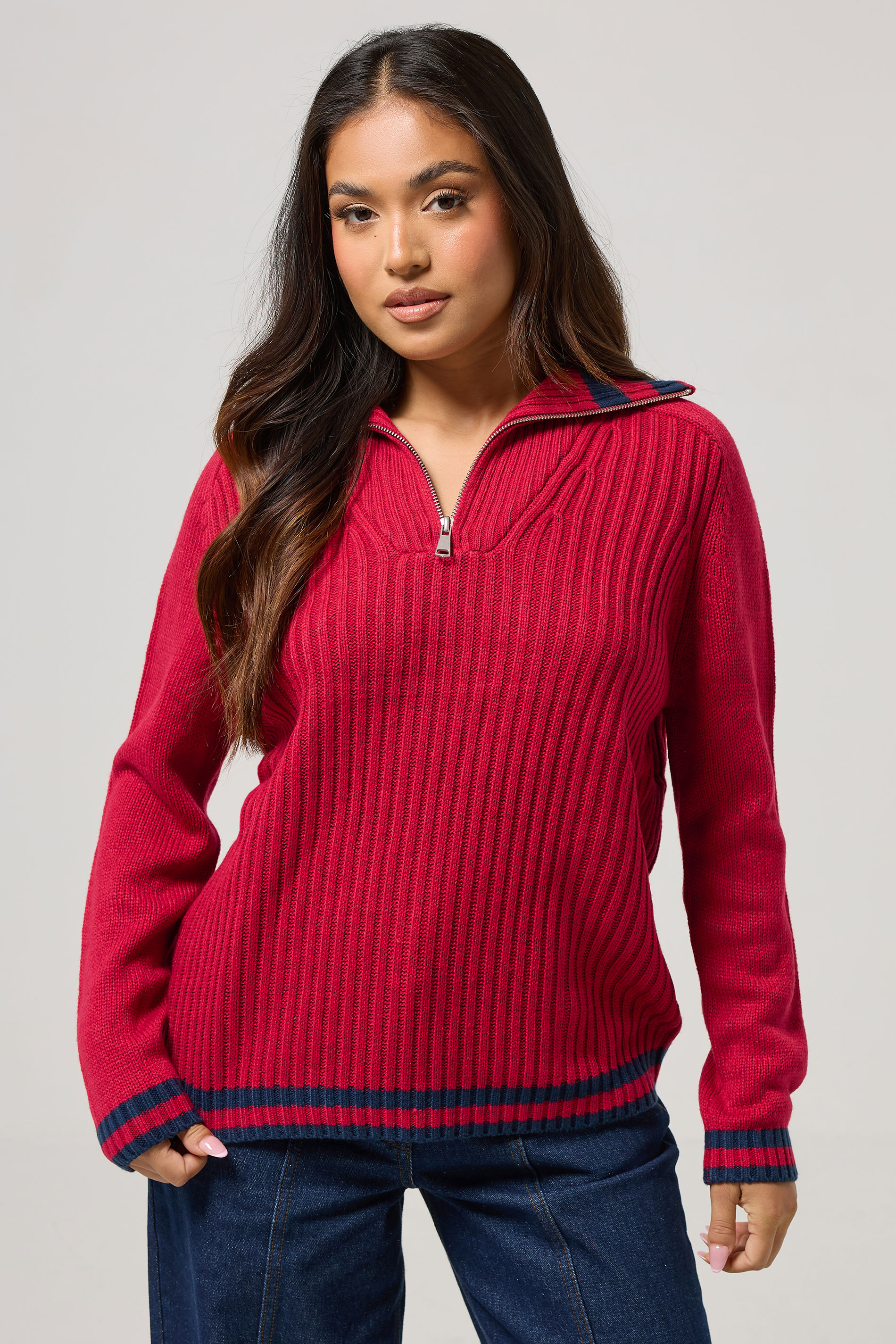 PixieGirl Petite Women's Red Knitted Stripe Quarter Zip Jumper | PixieGirl 3