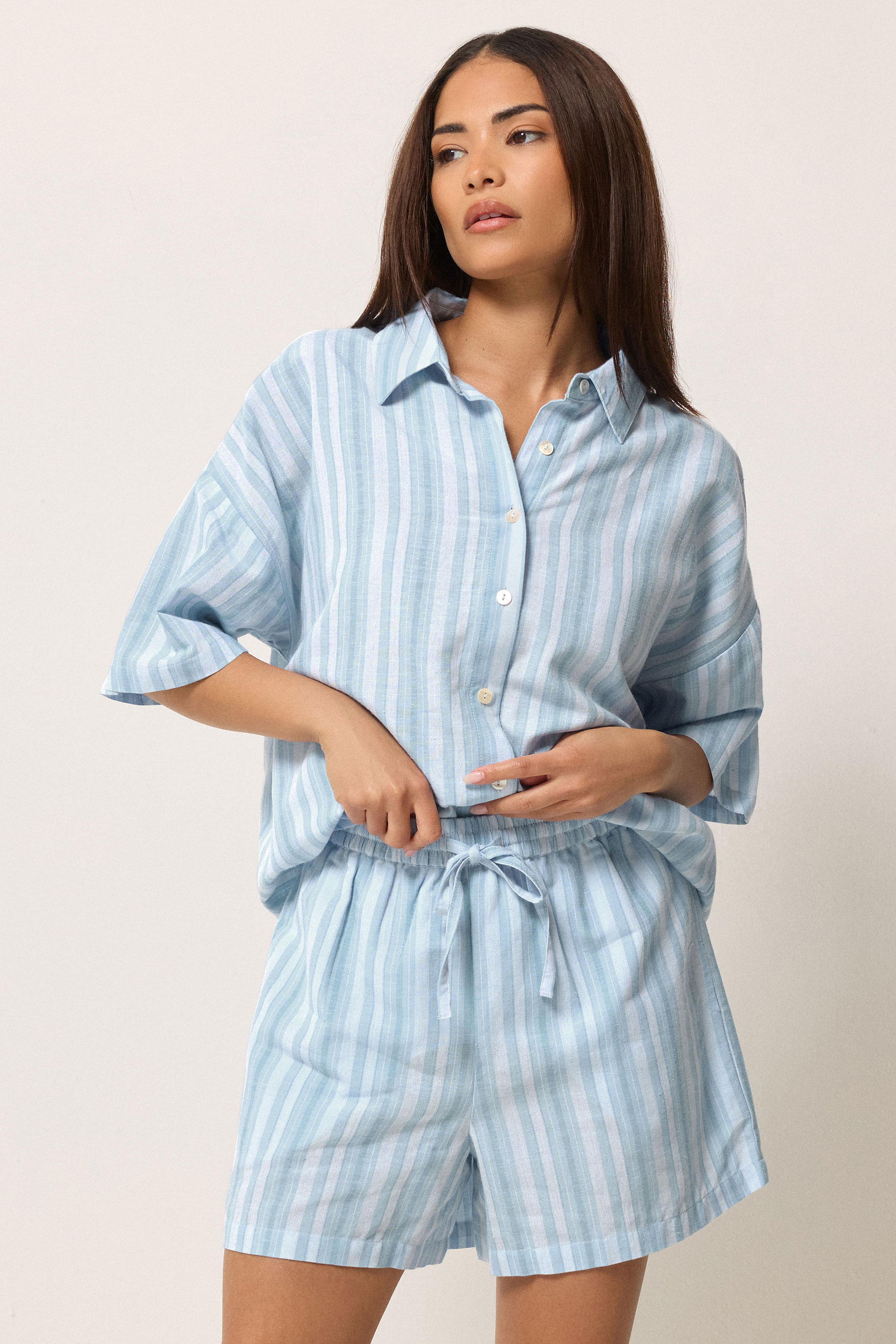 PixieGirl Petite Women's Set Blue Stripe Cotton Shirt & Shorts | PixieGirl 2