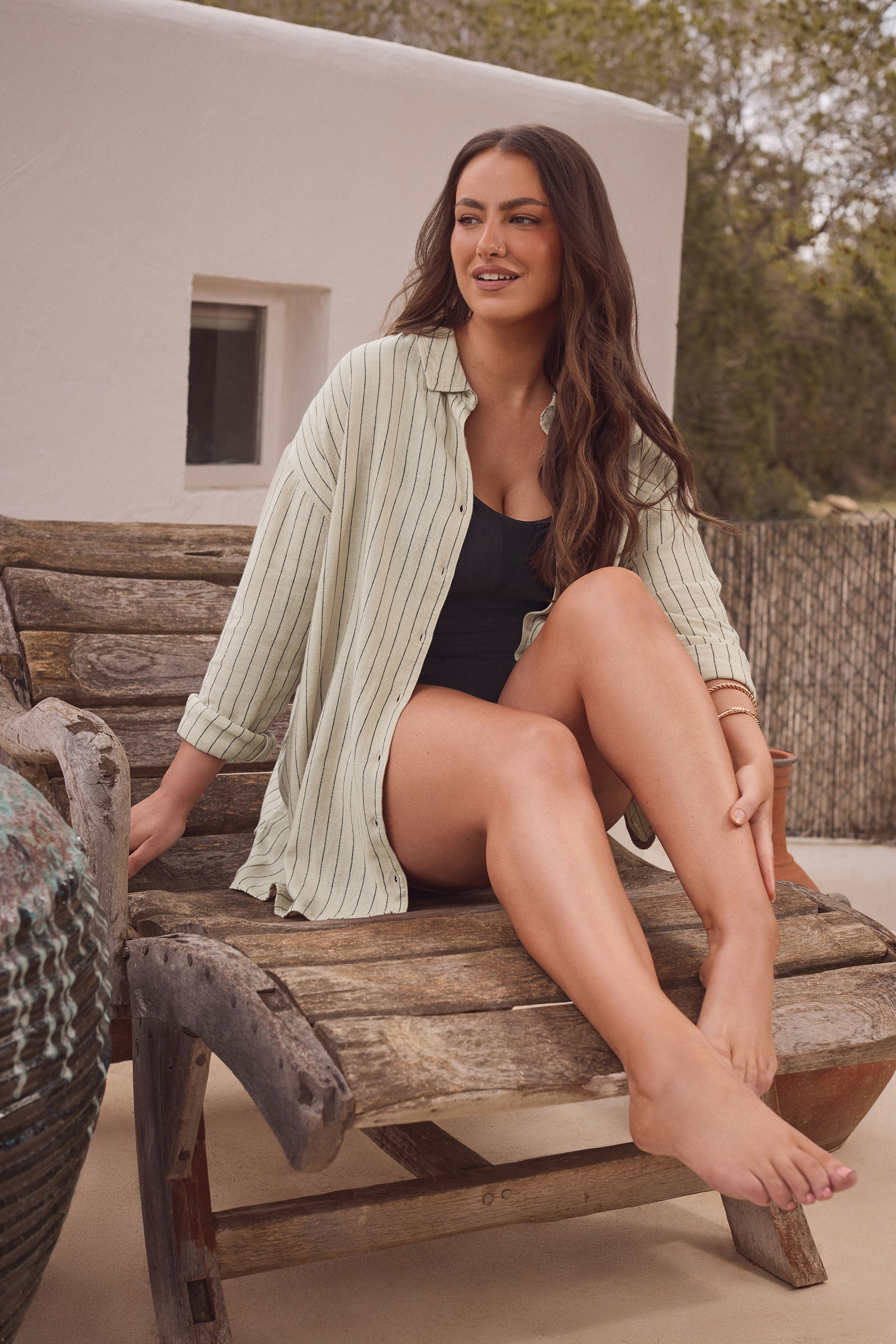 EVANS Plus Size Natural Brown Stripe Print Premium Linen Shirt | Evans 1