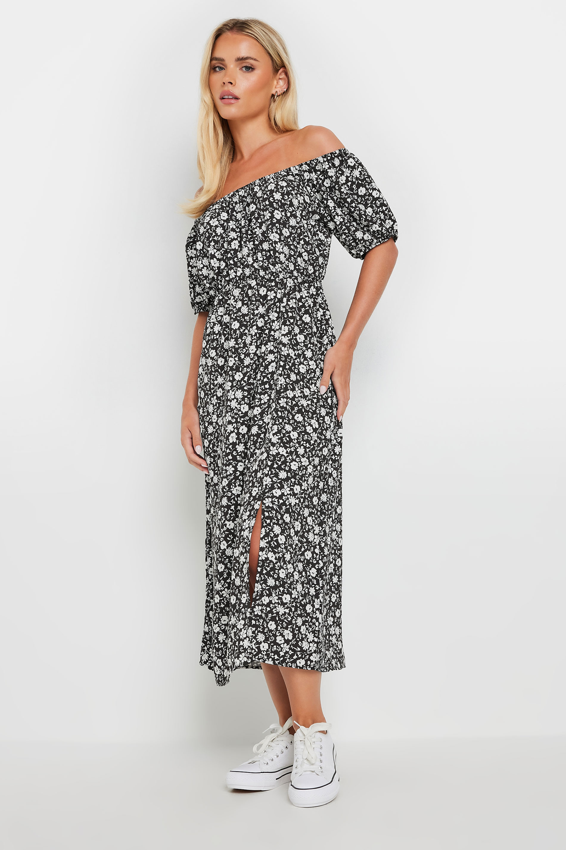 M&Co Black & White Floral Print Bardot Split Hem Midi Dress | M&Co 1