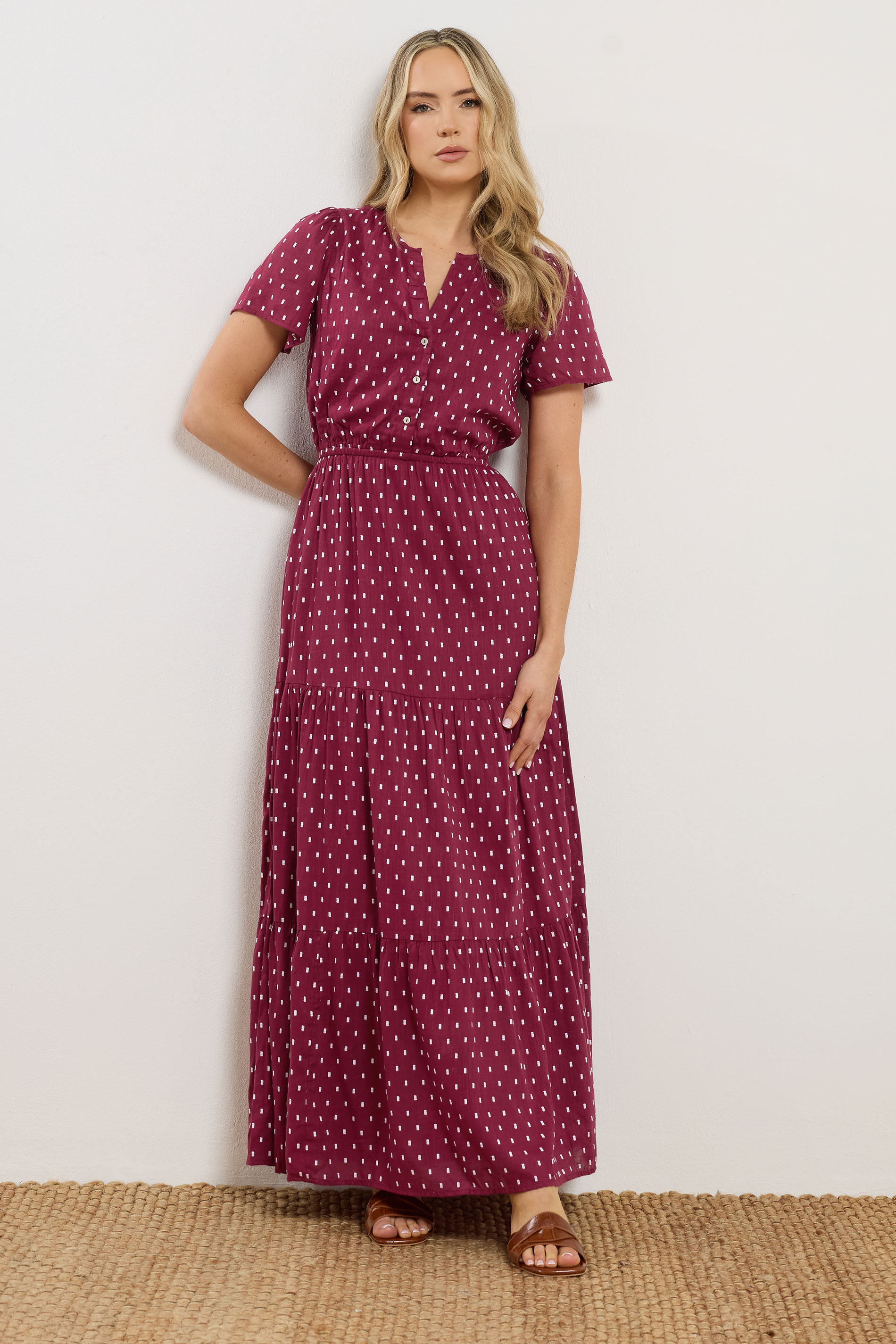LTS Tall Women's Wine Red Dobby Spot Tiered Maxi Dress | Long Tall Sally 3