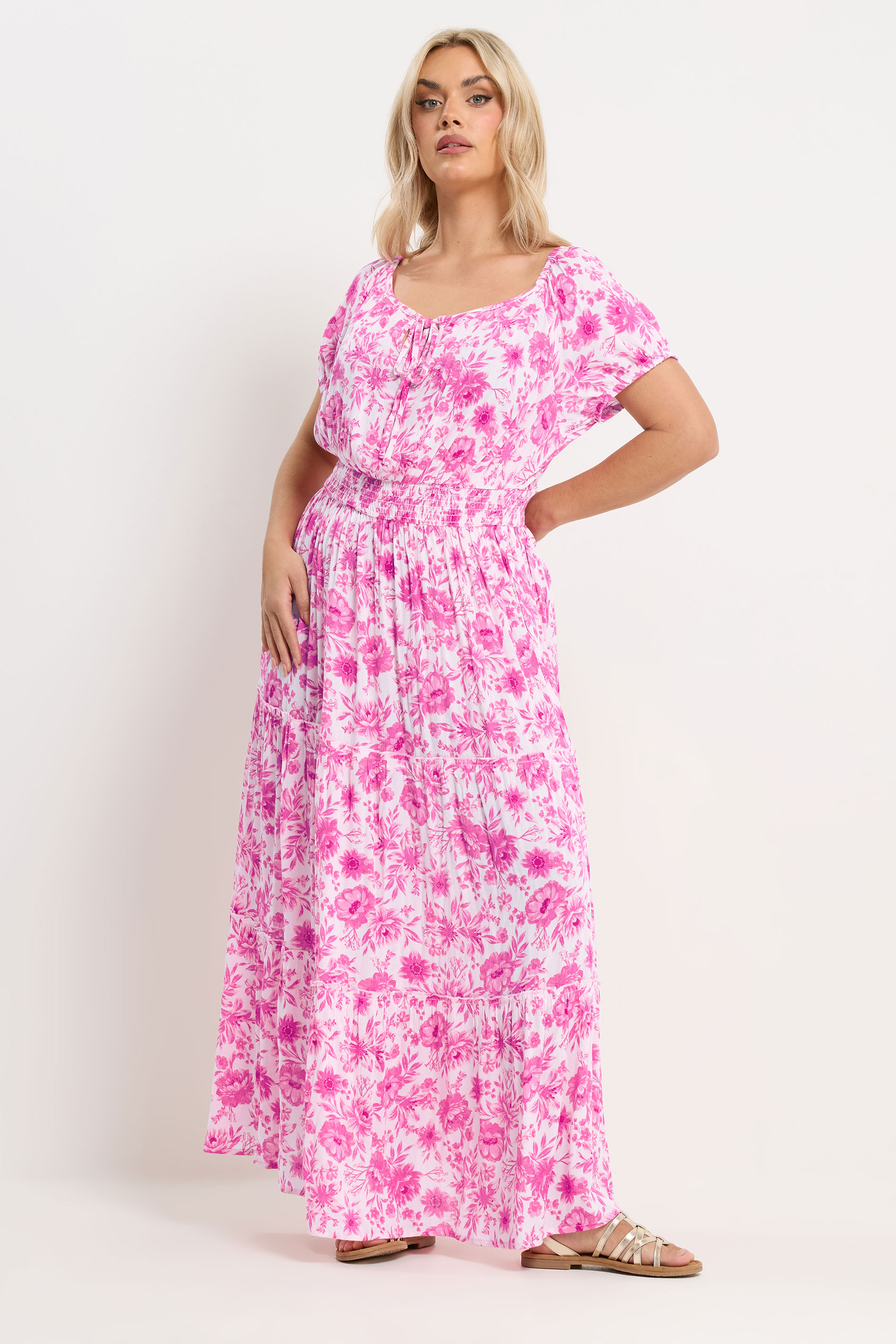 YOURS Plus Size Pink Floral Tie Neck Bardot Maxi Dress | Yours Clothing 1